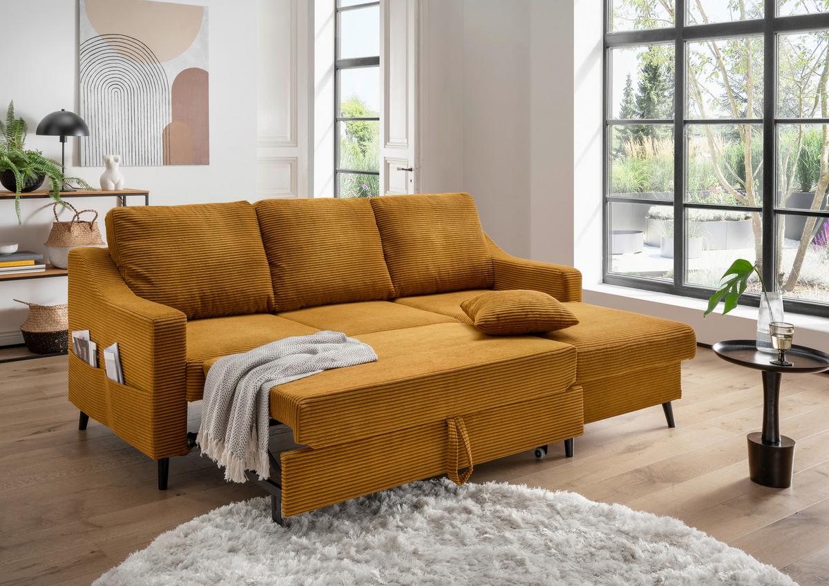 NAROŻNIK VALENTINA - czarny/kolor złoty, Design, tkanina/drewno (228/150cm) - P & B