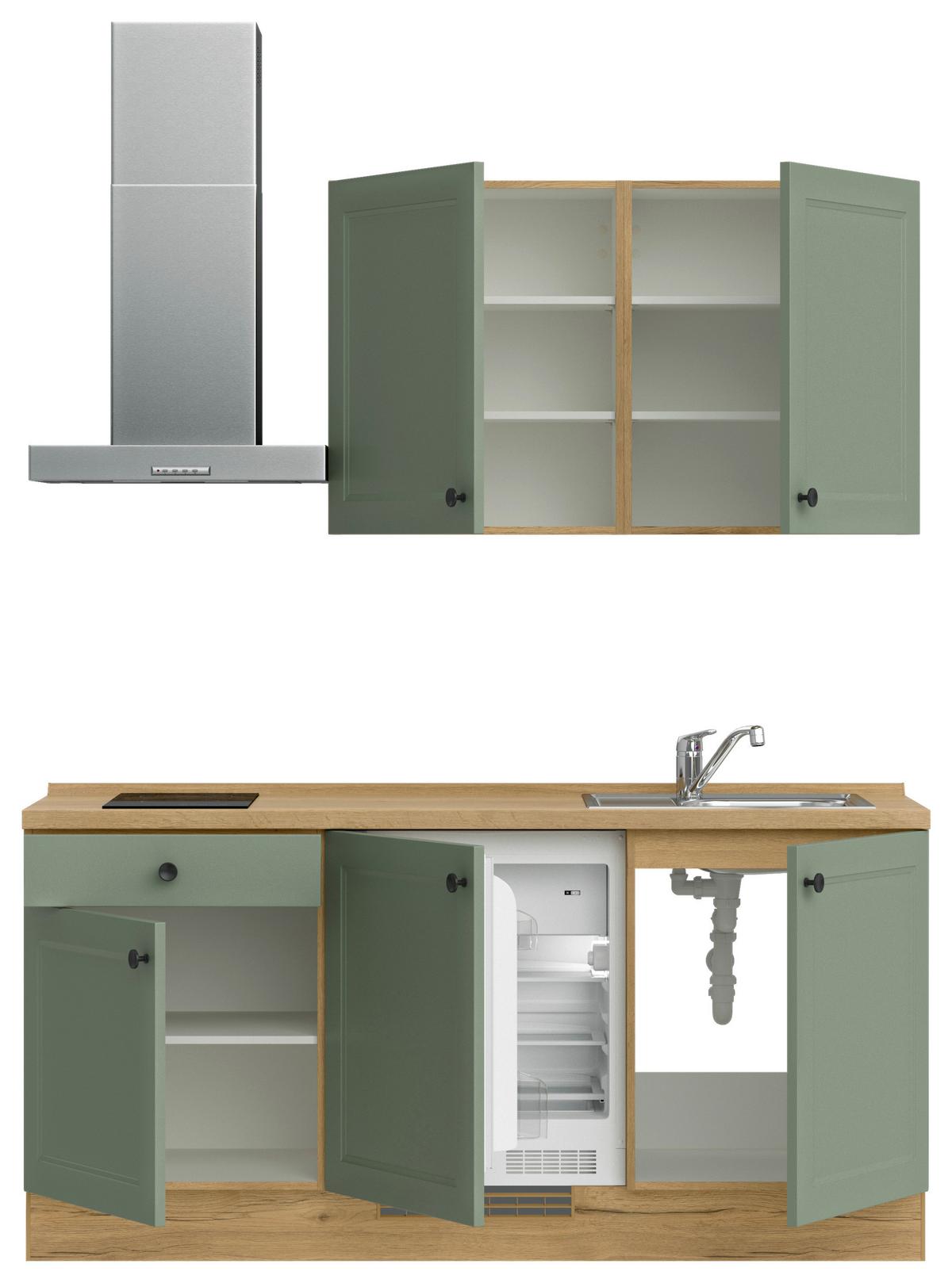 Küchenblock Cascada Low m. Geräten Schilfgrün - Schilfgrün/Eichefarben, MODERN, Holzwerkstoff/Metall (180cm) - Nobilia