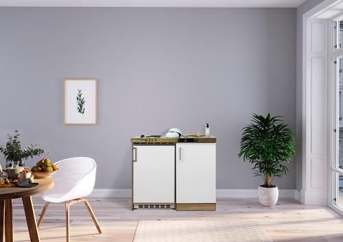 Miniküche Weiss/Eiche Sonoma m. Geräten B: ca. 100cm - Edelstahlfarben/Weiß, MODERN, Holzwerkstoff/Kunststoff (100cm) - Respekta