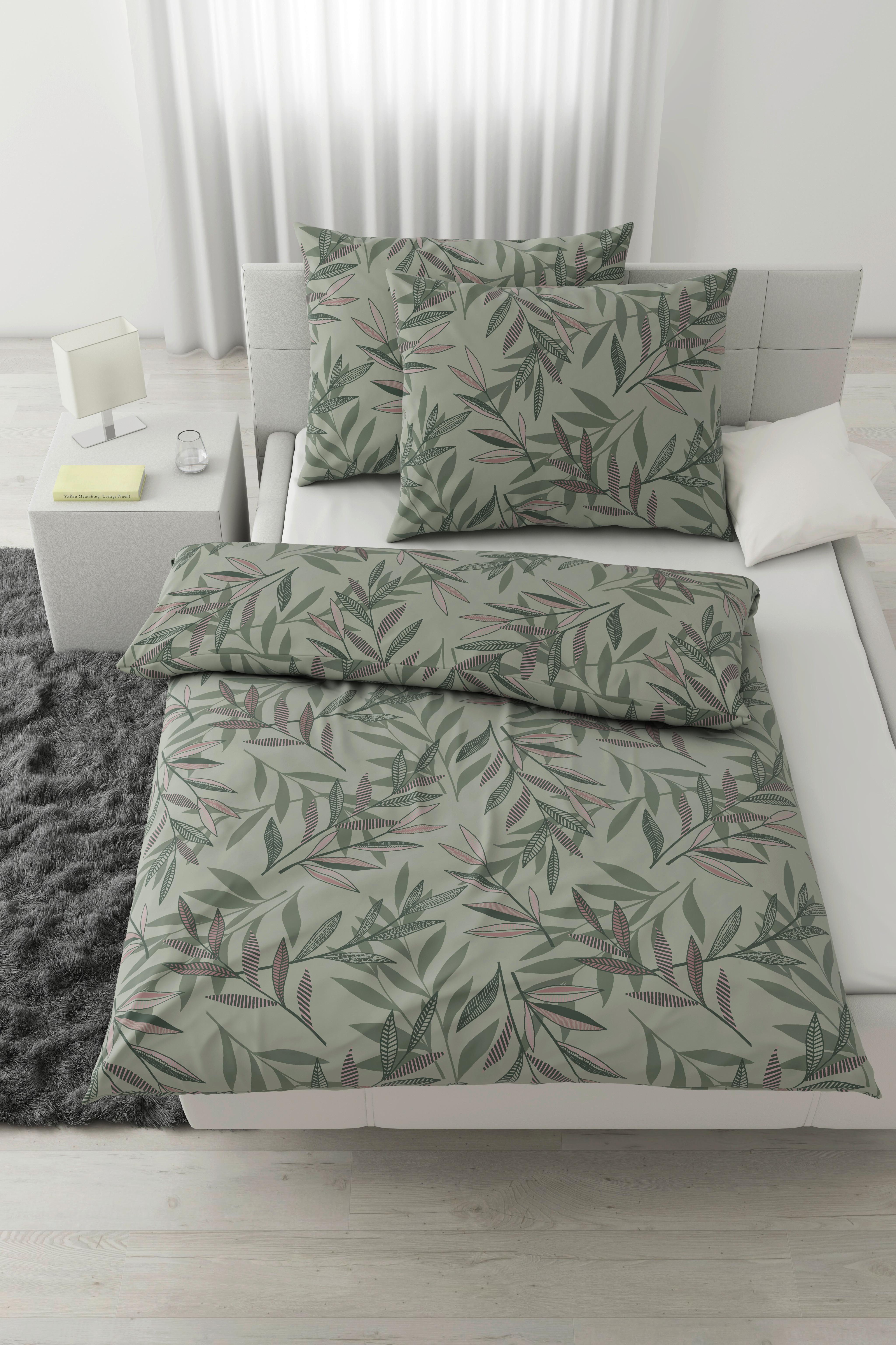 Lenjerie de pat Stitched Leaves,cca. 200x220/2x50x70 cm - mov/verde, textil (200/220cm) - Modern Living