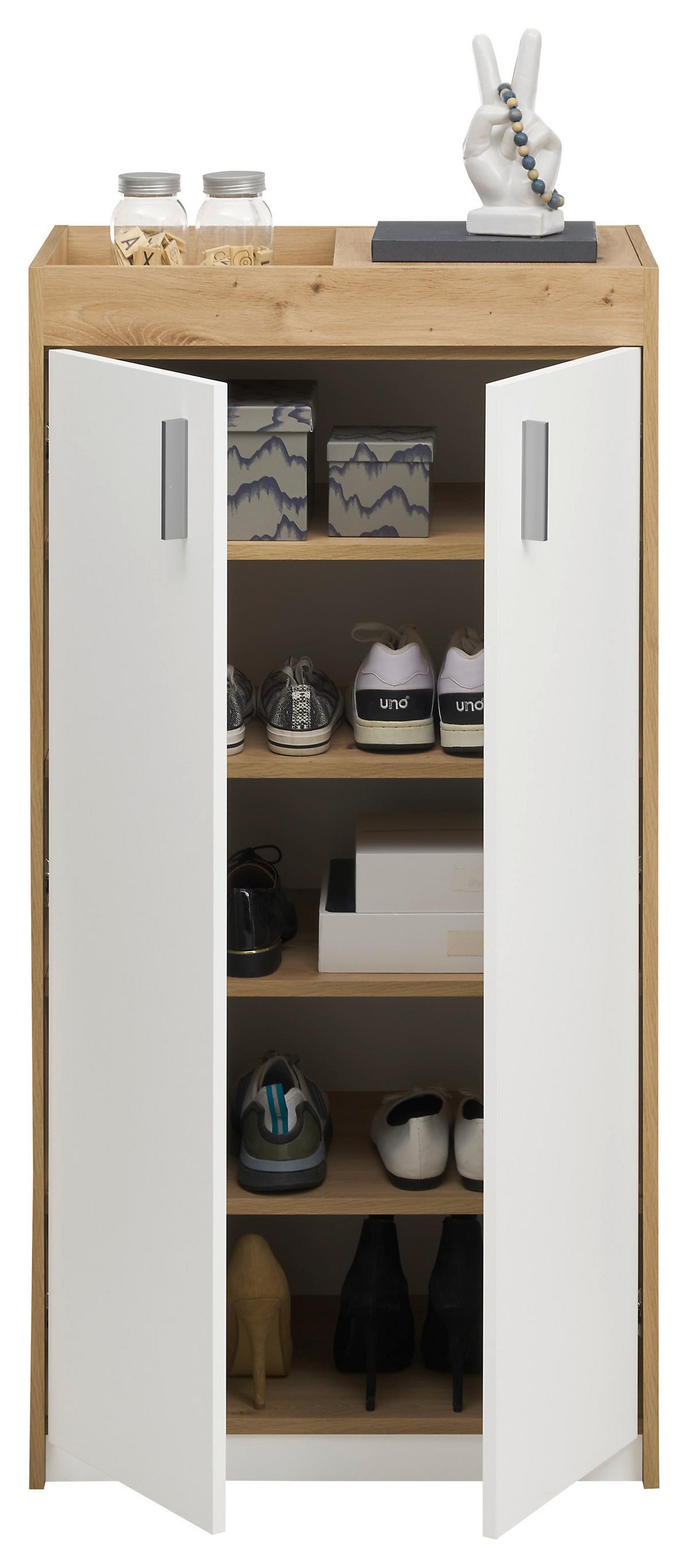 Schuhschrank Paris in Weiss/Eichefarben - Weiss/Silberfarben, Modern, Holzwerkstoff/Kunststoff (64/126/38cm) - Mömax
