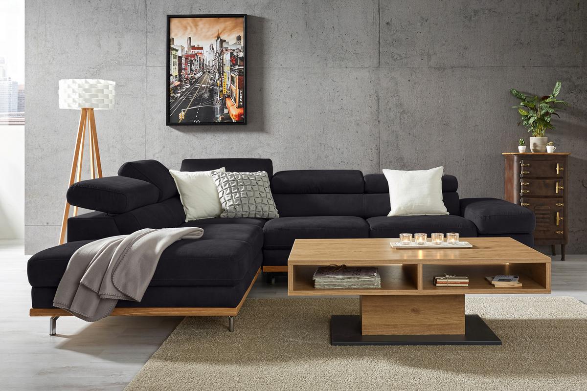 Wohnlandschaft Carmen links Dunkelbraun - Dunkelbraun/Schwarz, MODERN, Leder/Holz (292/72/226cm) - Premium Living