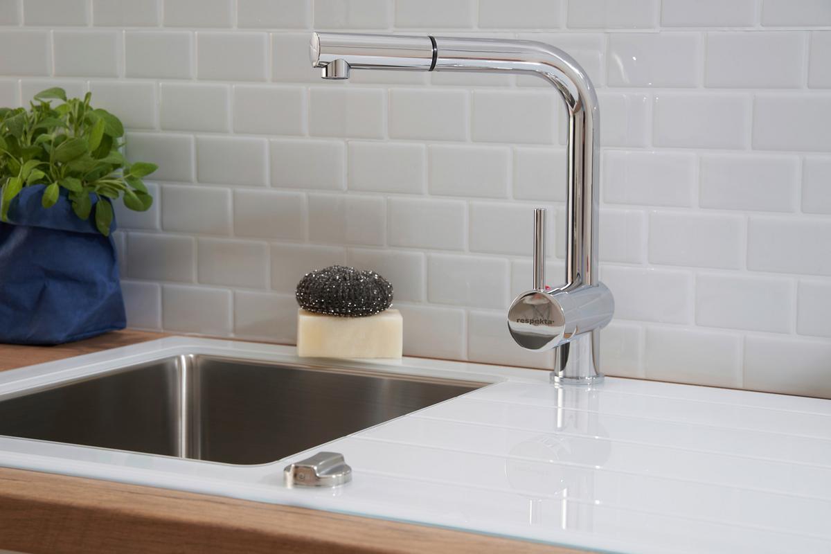 Spüle Weiß Glas/Edelstahl B: ca. 86 cm - Weiß, Trend, Glas/Metall (86/21/50cm) - Respekta