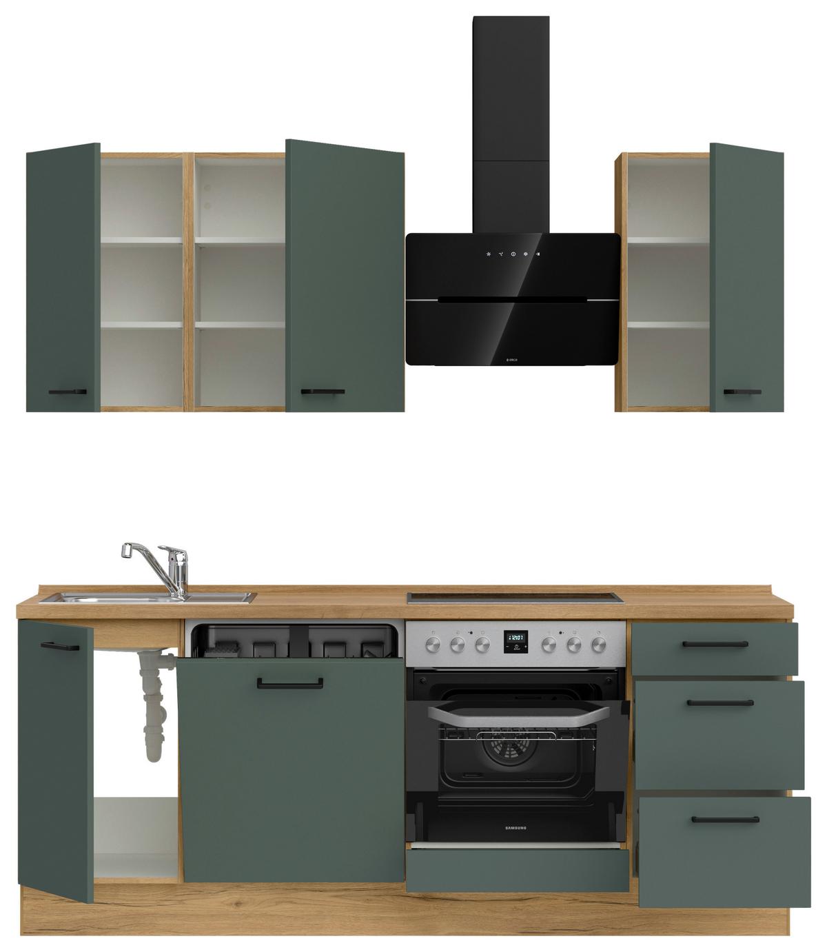 Küchenblock Easytouch High m. Geräten Dunkelgrün - Dunkelgrün/Eichefarben, MODERN, Holzwerkstoff/Metall (210cm) - Nobilia