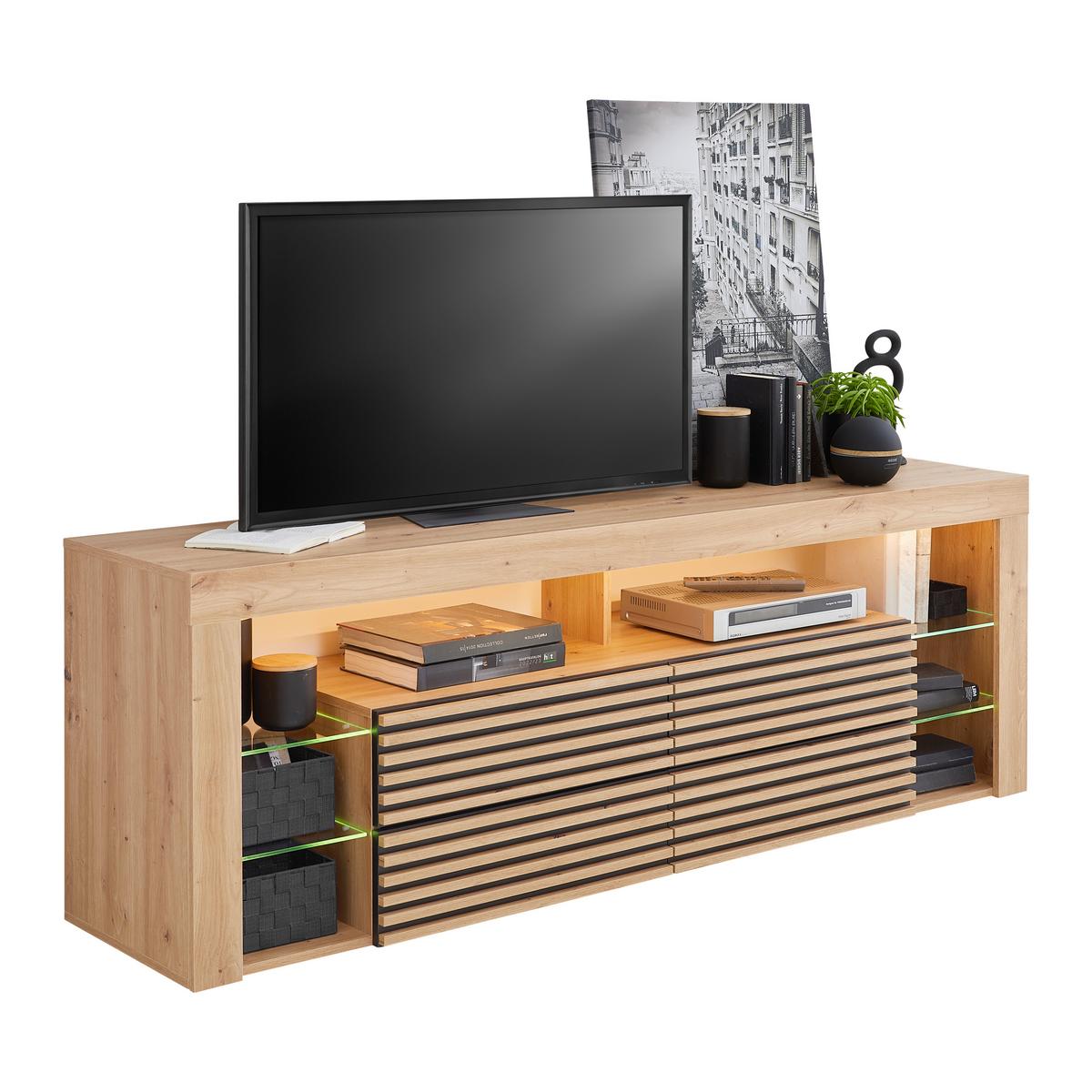 Lowboard Goal 2.0 Eiche Artisan - Schwarz/Eiche Artisan, Modern, Glas/Holzwerkstoff (180/67/44cm) - Mömax