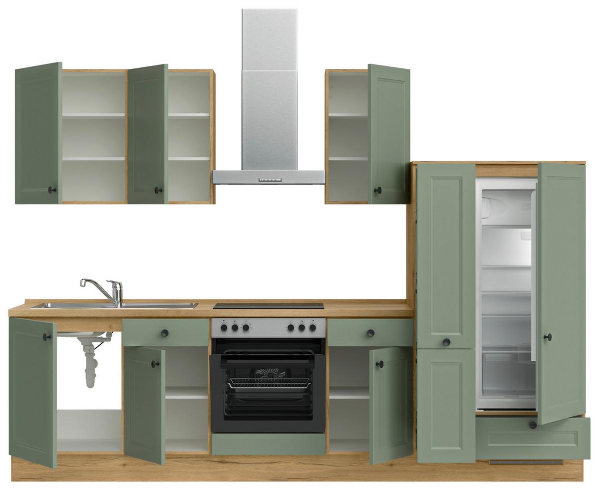 Küchenblock Cascada Low m. Geräten Schilfgrün - Schilfgrün/Eichefarben, MODERN, Holzwerkstoff/Metall (300cm) - Nobilia