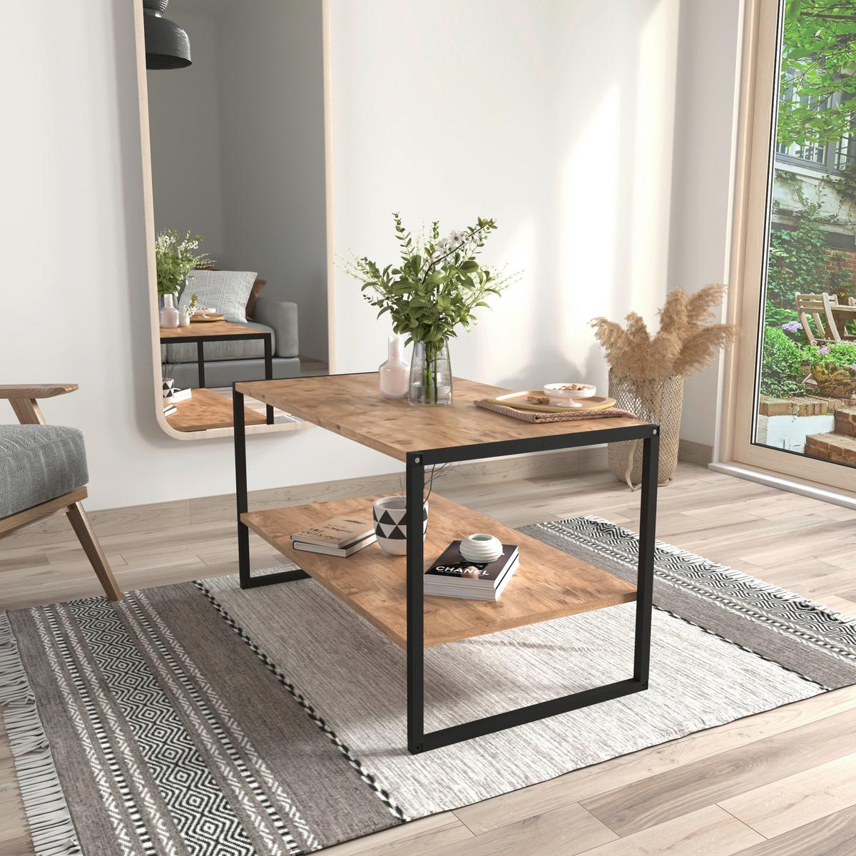 TABLE BASSE INSASI L - chêne miel/noir, Design, métal/matériau de bois (90/50/50cm) - MID.YOU