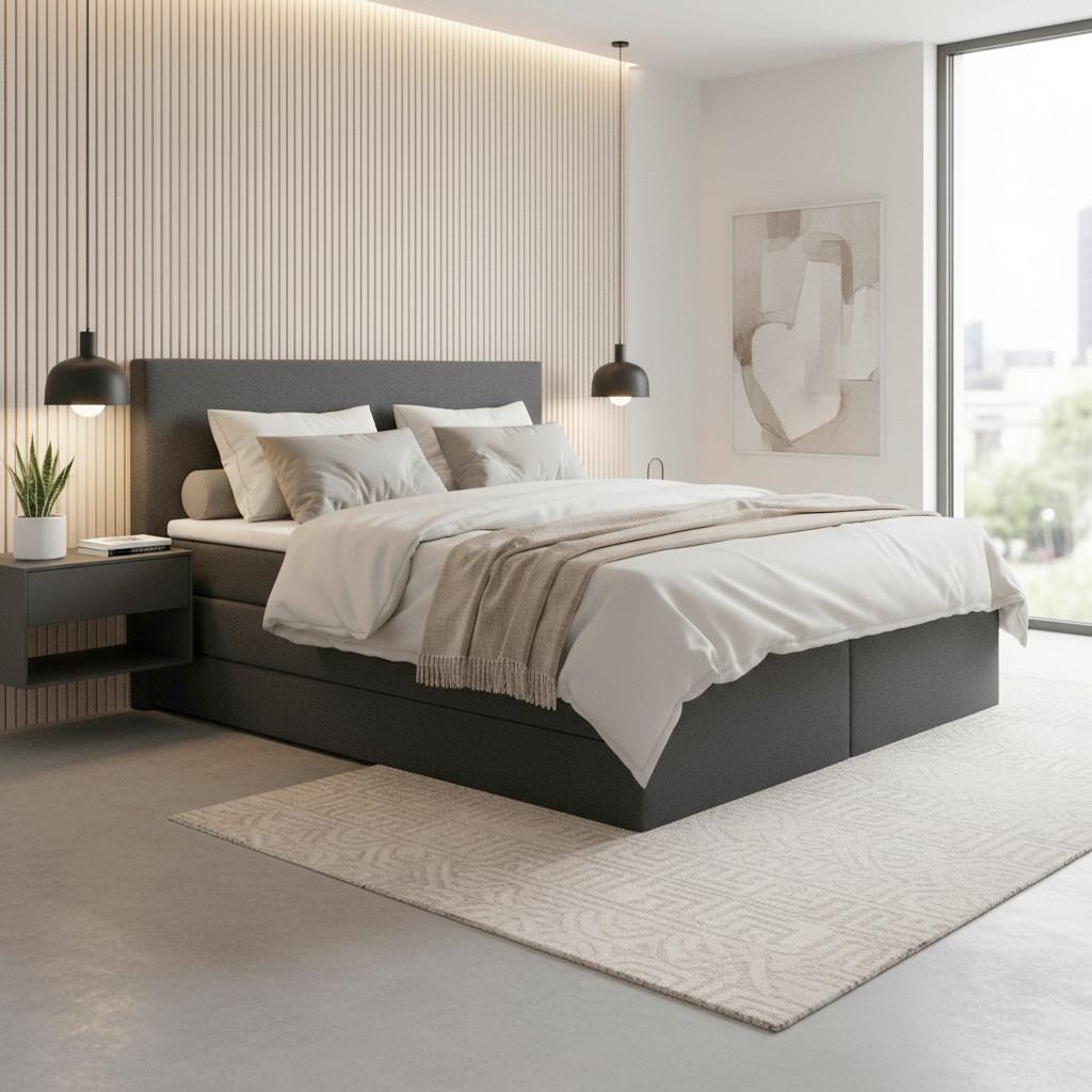 Boxbett Lucy 2 Dunkelgrau ca. 180x200 cm mit Topper - Dunkelgrau/Schwarz, MODERN, Holz/Holzwerkstoff (180/200cm) - Bessagi Home