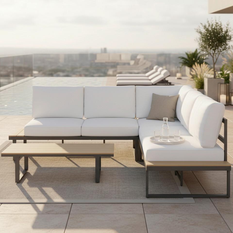 DiningLoungeset Pergolina Weiß Metall/Outdoorstoff - Schwarz/Weiß, MODERN, Kunststoff/Textil (194/245cm) - Bessagi Garden