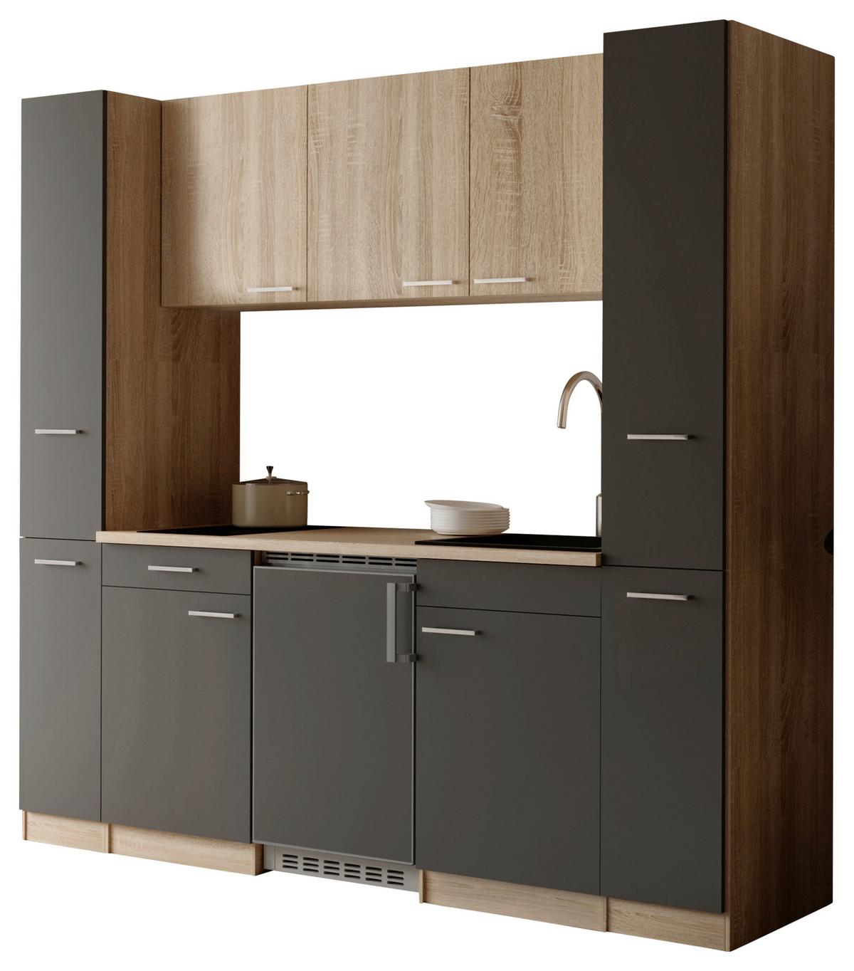 Küchenblock Ingrid m. Geräten Grau - Eichefarben/Alufarben, Design, Holzwerkstoff/Kunststoff (210cm) - Respekta