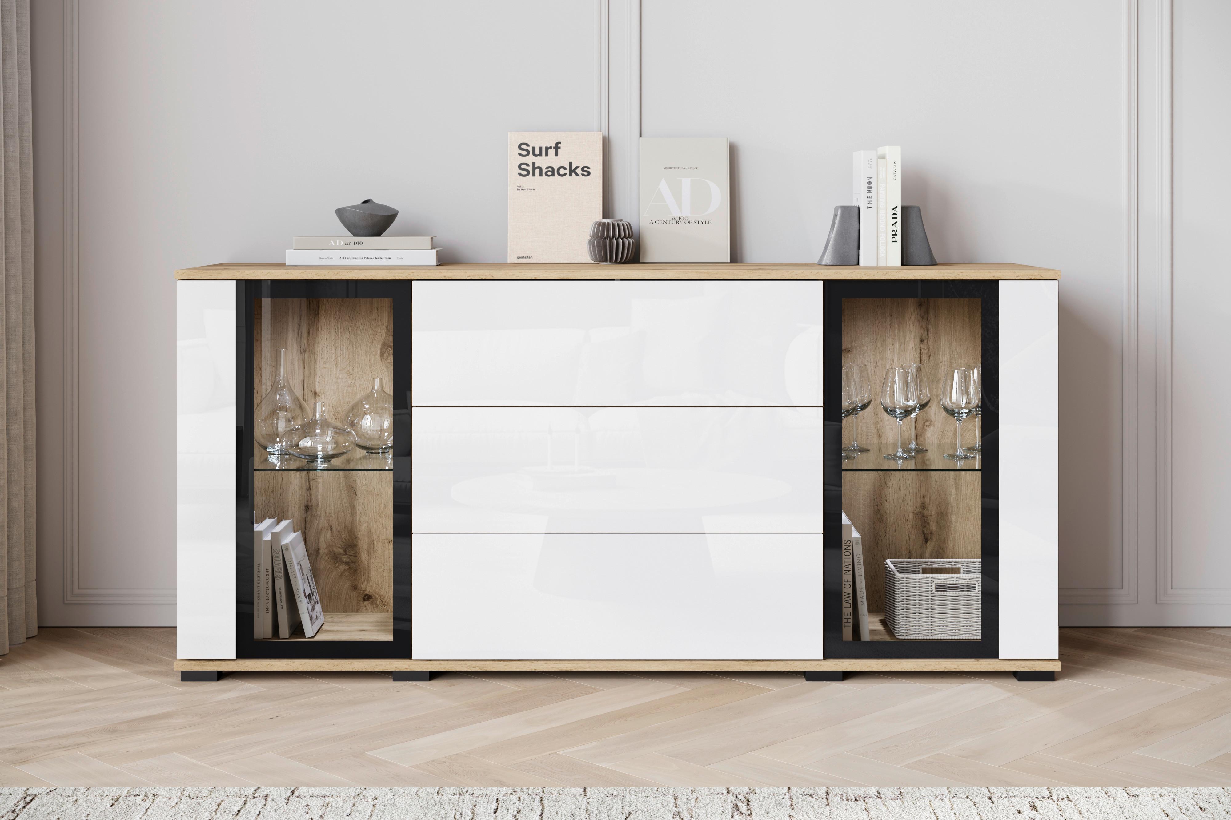 Sideboard Caro 150 - Weiss Hochglanz/Eiche Wotan, Design, Glas/Holzwerkstoff (150/69,7/39,5cm) - P & B