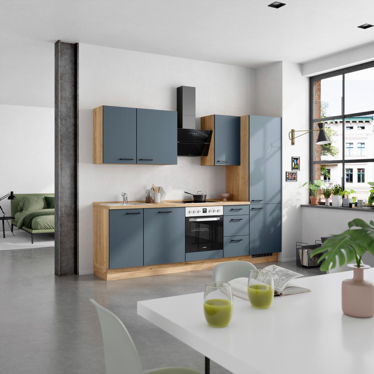 Küchenblock Easytouch High m. Geräten Dunkelblau - Eichefarben/Schwarz, MODERN, Holzwerkstoff/Metall (270cm) - Nobilia