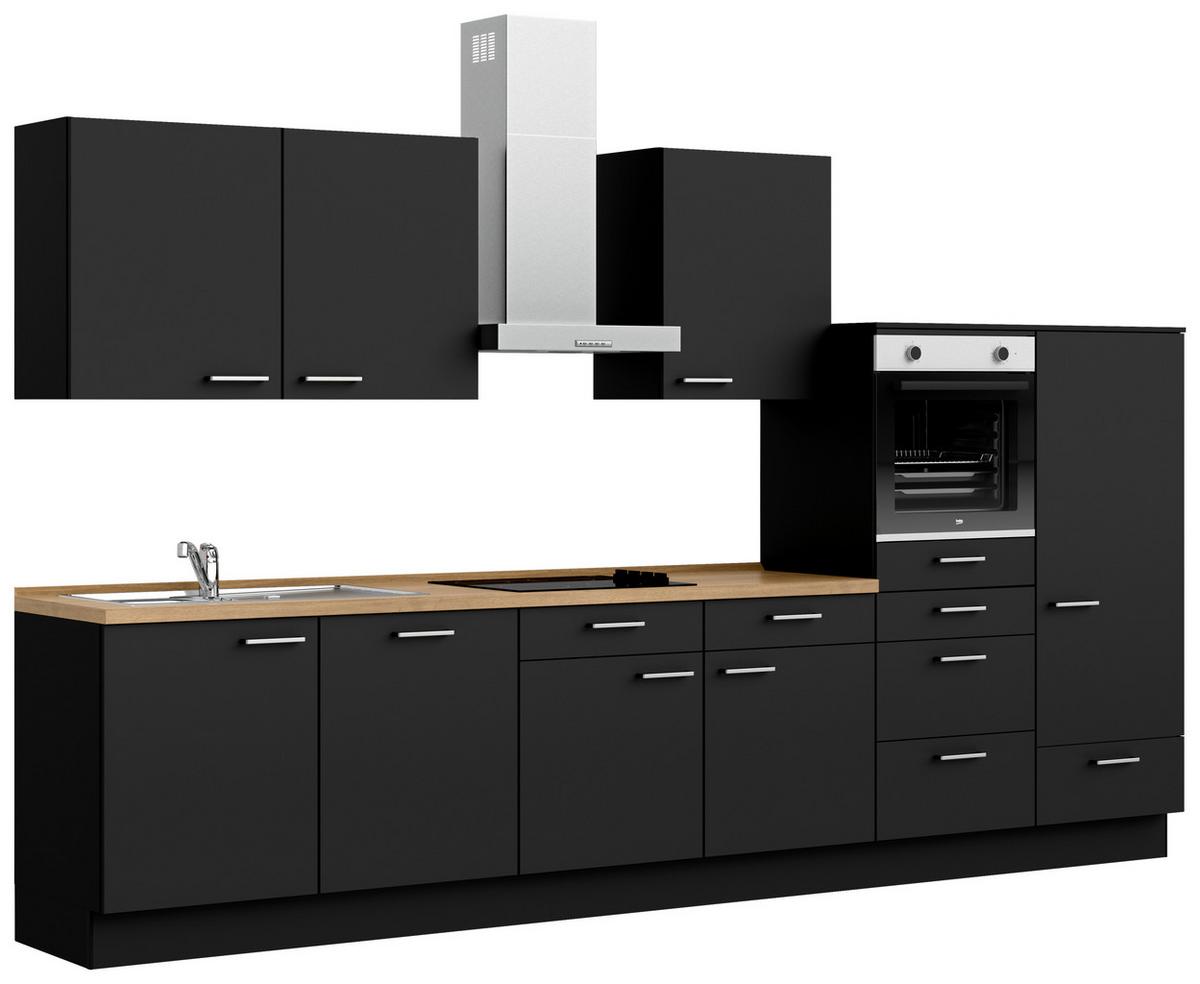 Küchenblock Touch Low m. Geräten Schwarz - Edelstahlfarben/Eichefarben, MODERN, Holzwerkstoff/Metall (360cm) - Nobilia