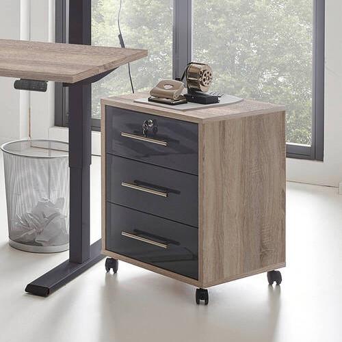 Rollcontainer Office Edition Sonoma Eiche/Anthrazit - Edelstahlfarben/Anthrazit Hochglanz, MODERN, Holzwerkstoff/Kunststoff (44/58/40cm) - MID.YOU