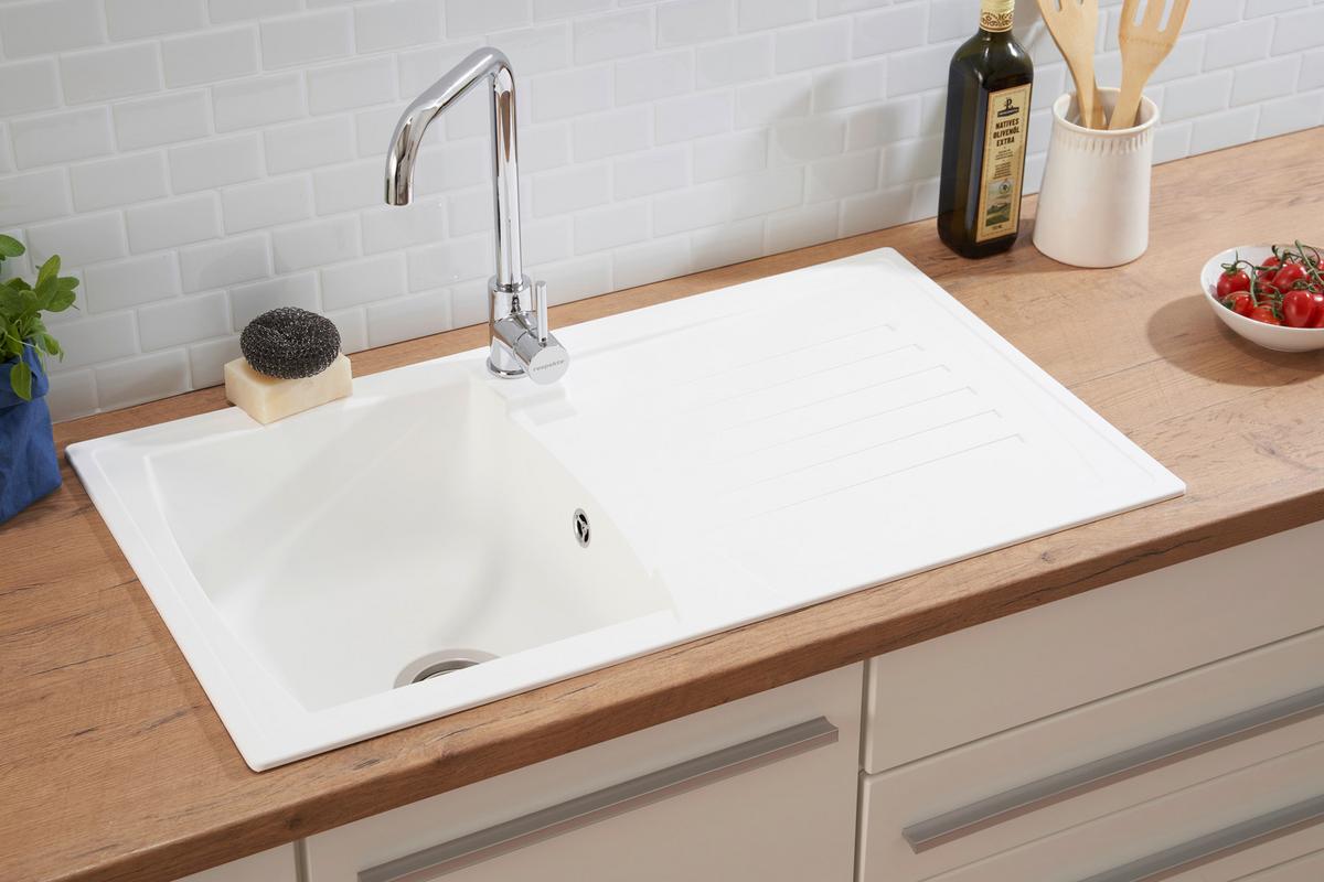 Spüle Boston Weiß Kunststein B: ca. 86 cm - Weiß, Trend, Glas/Kunststoff (86/20/50cm) - Respekta