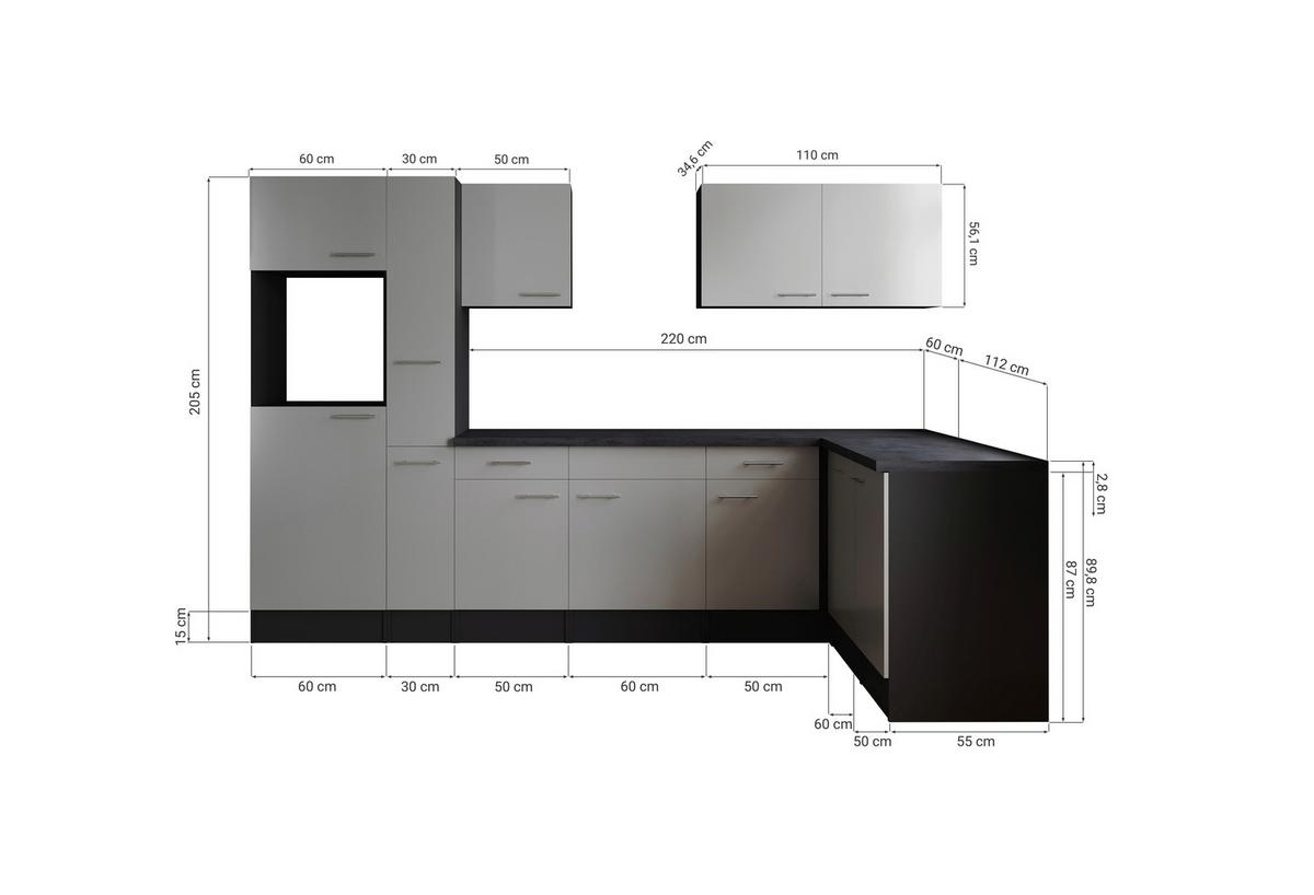 Kotna Kuhinja Brez Aparatov Oliver, 310x172cm - srebrne barve/črna, Design, kovina/leseni material (310/172cm) - Respekta