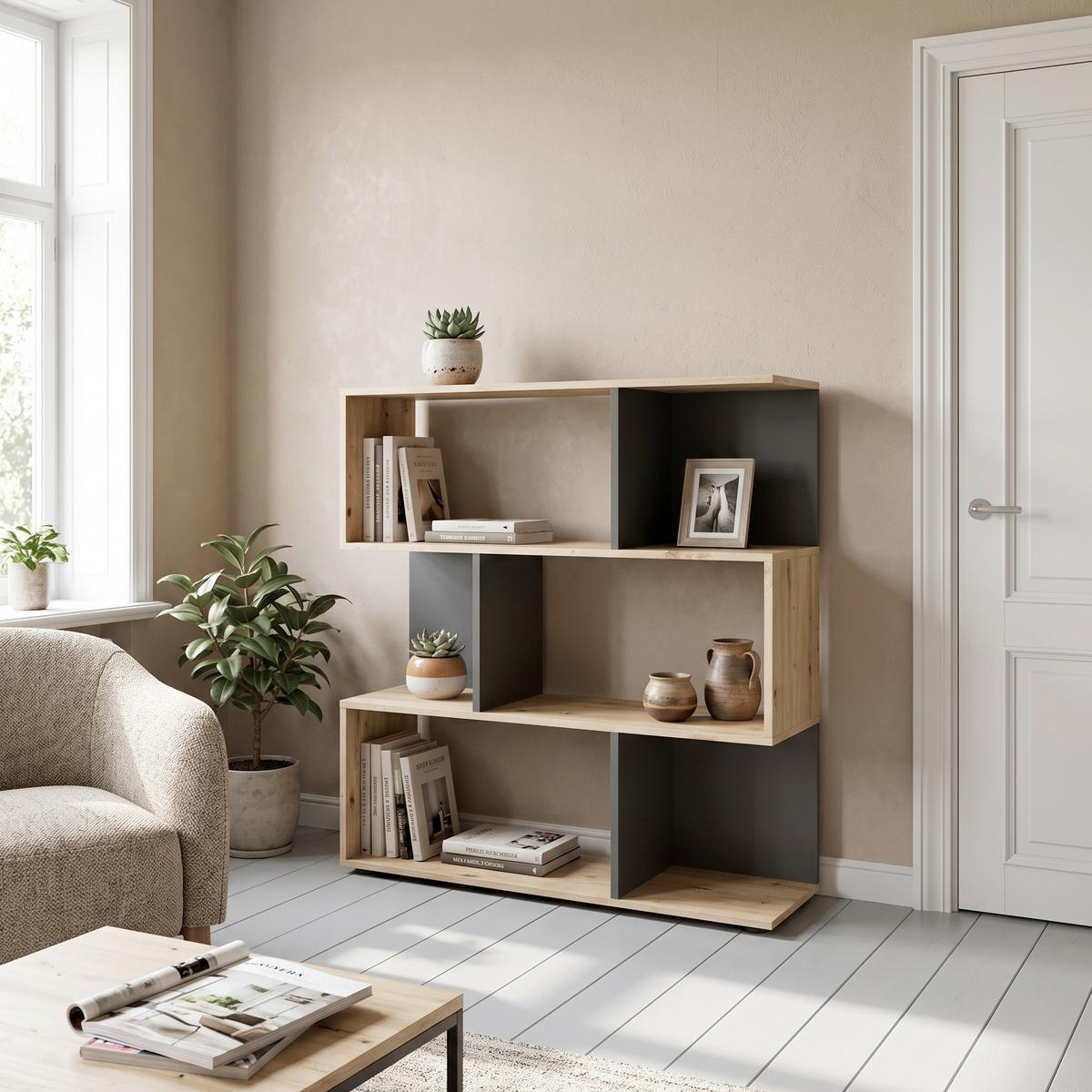 Regal Shelfy 6 Fächer ca. 103x110 cm Grau/Eiche - Eiche Artisan/Grau, MODERN, Holzwerkstoff (103/110/36cm) - MID.YOU