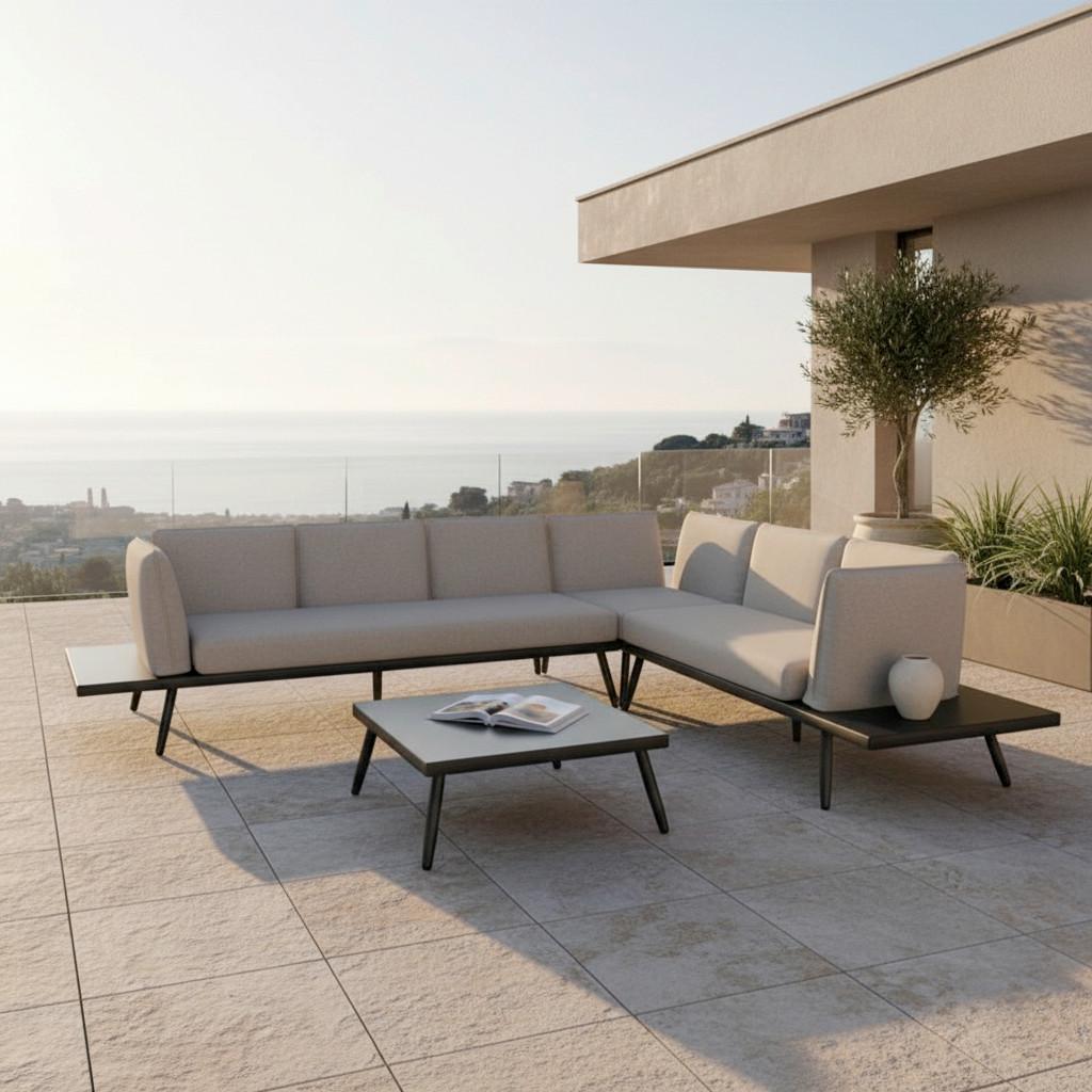 Loungegarnitur-Set Joanne Grau Metall/Outdoorstoff - Schwarz, MODERN, Metall (300/78/80cm) - Bessagi Garden