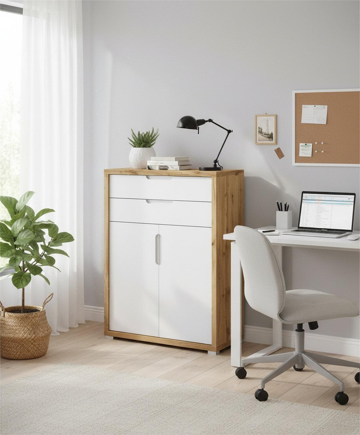 KOMODA LINE4 - kolor dębowy/biały wysoki połysk, Modern, materiał drewnopochodny (80/112/36cm) - Xora