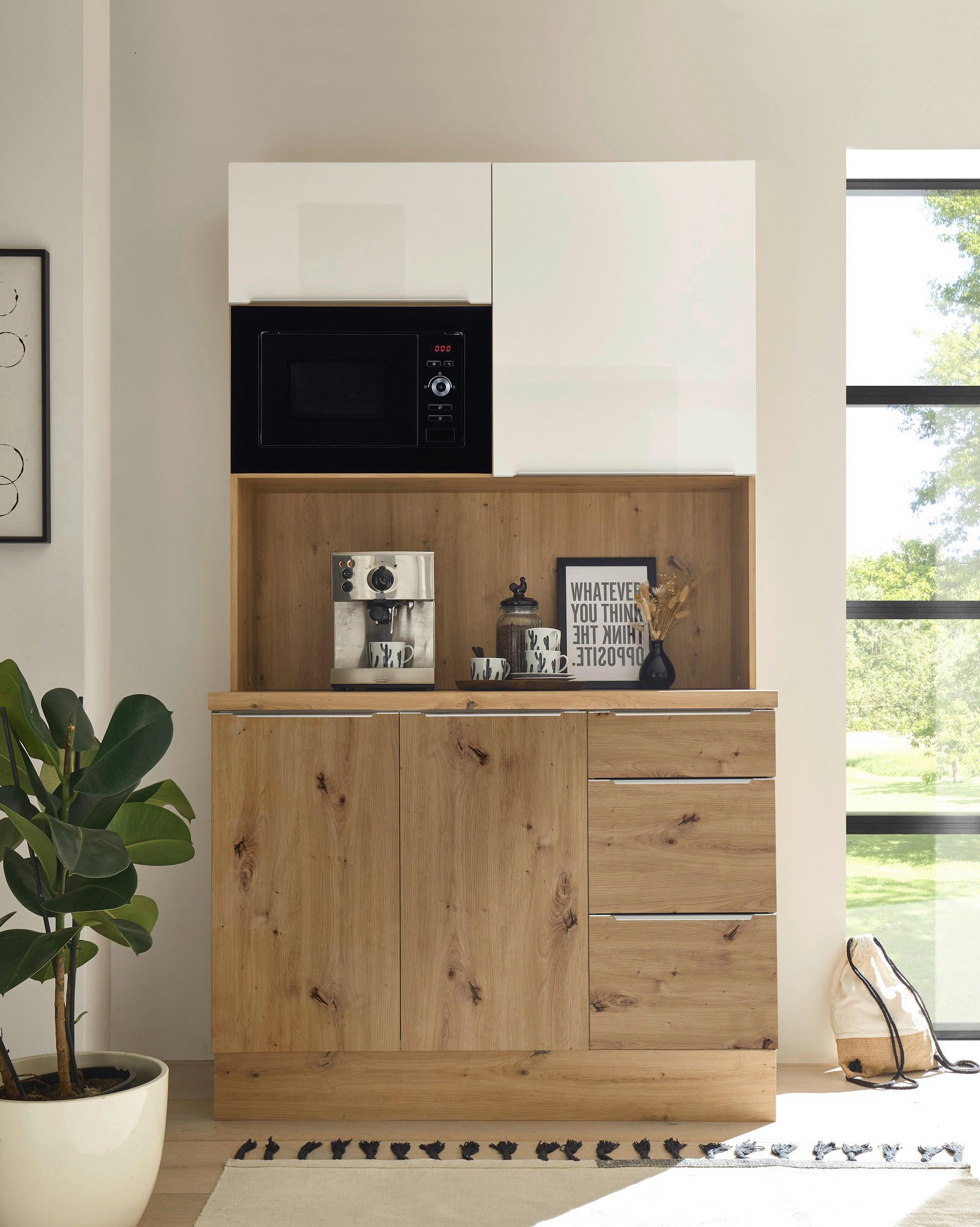 Miniküche Marleen mit Mikrowelle Eiche B: ca. 120 cm - Weiß Hochglanz/Alufarben, LIFESTYLE, Holzwerkstoff/Kunststoff (120/211/60cm) - Respekta