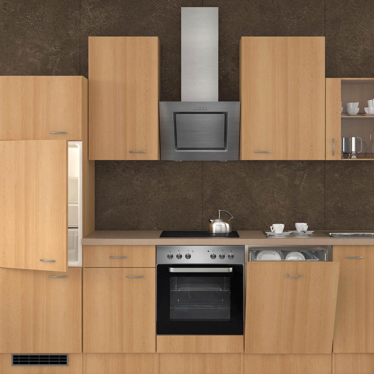 Kuhinjski Blok Z Aparati Nano, Barva Bukve - barve nerjavečega jekla/barve bukve, Moderno, umetna masa/steklo (280cm) - FlexWell