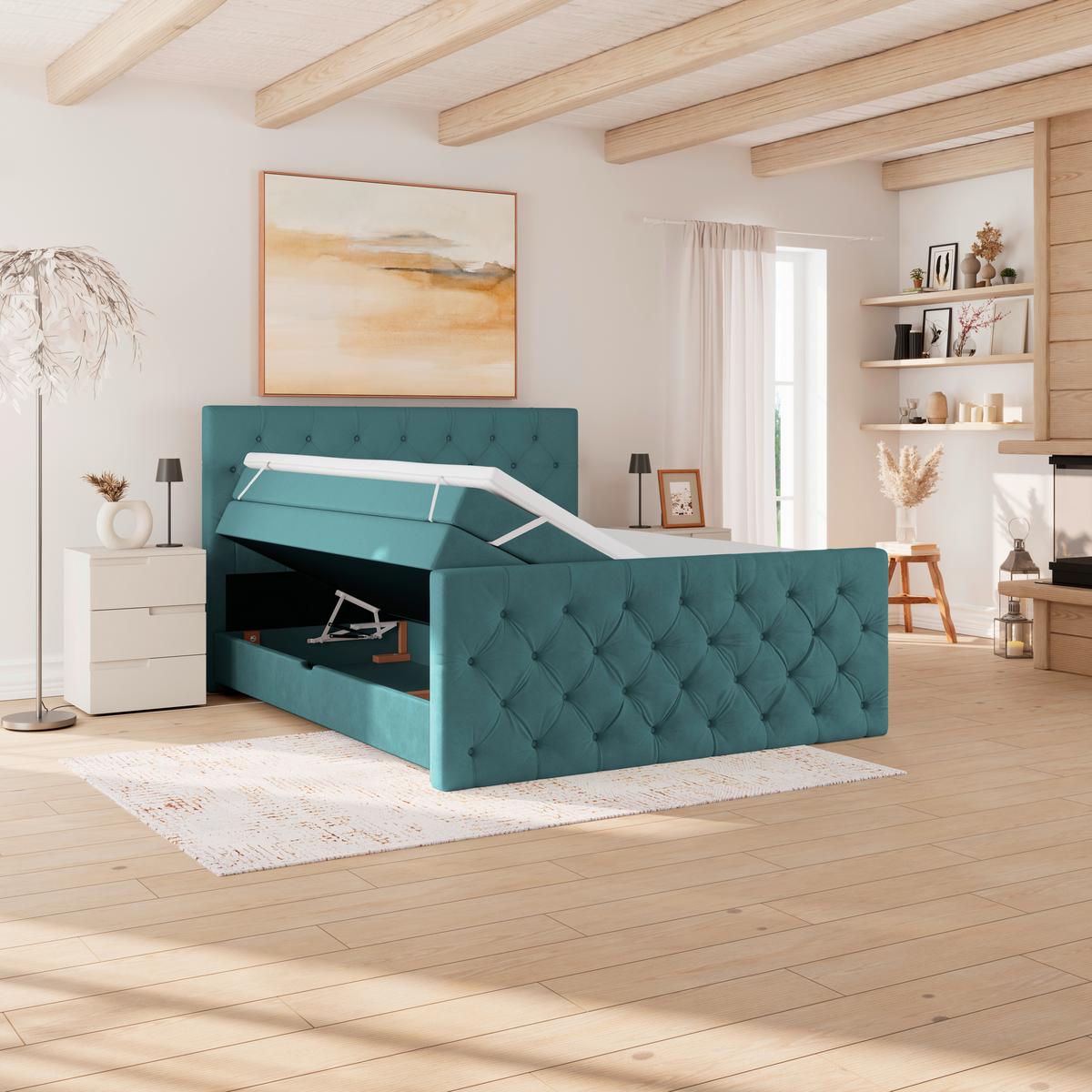 Boxspring Krevet Elio - bež/boje petroleja, Romantično / ladanjski, tekstil/plastika (180/200cm) - Modern Living