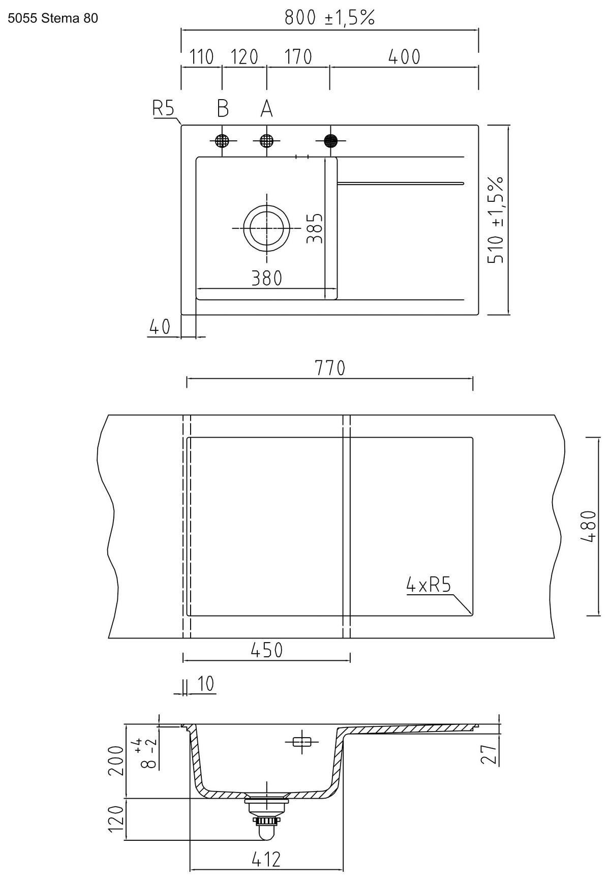 Spüle Stema80 Weiß ca. 80x51cm - Weiß, MODERN (80/51cm) - Systemceram