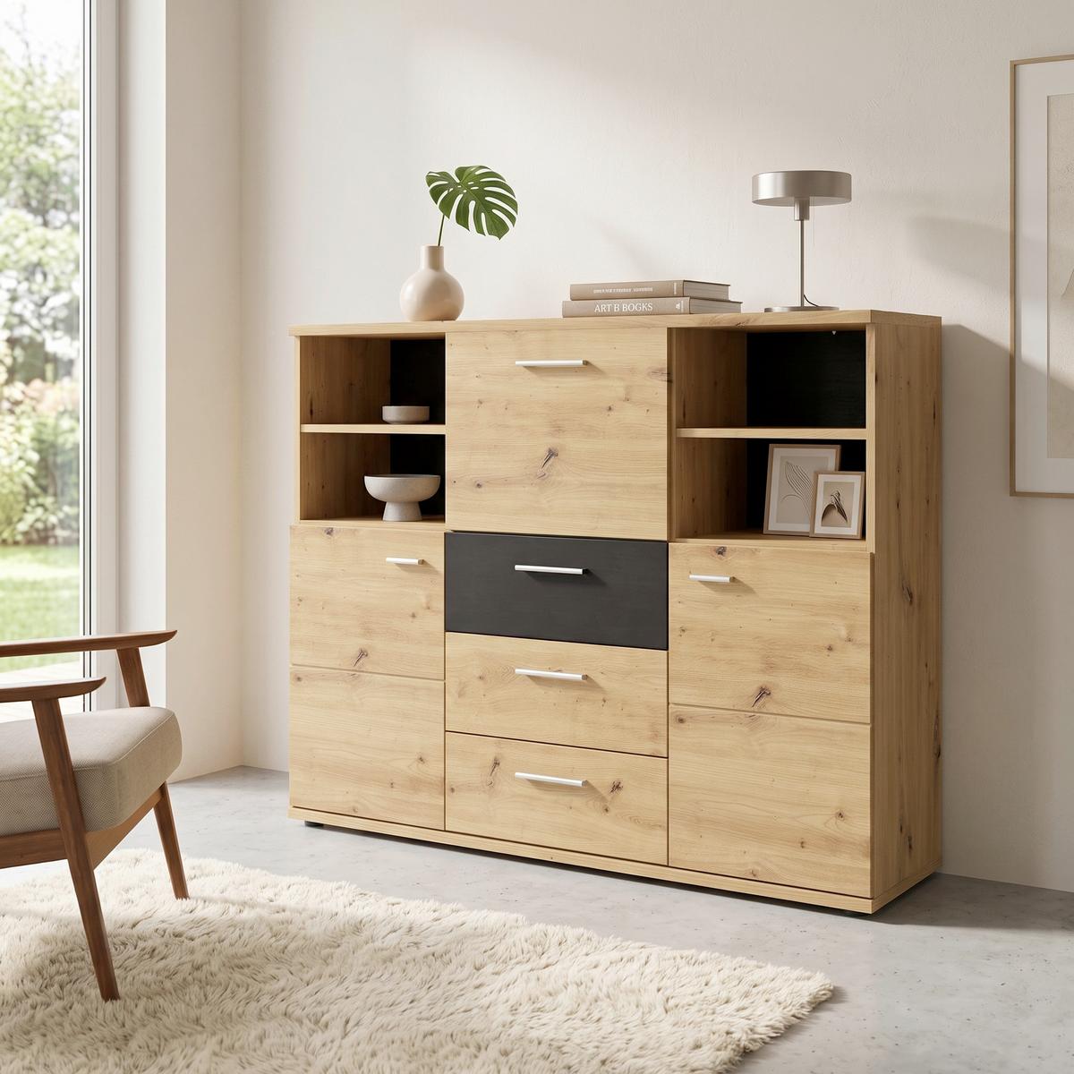 Komoda Nina - crna/hrast artisan, pločasti materijal/plastika (131/103,8/38cm) - Modern Living
