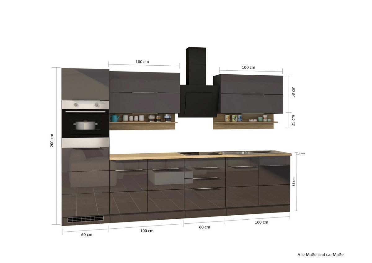 Küchenblock Neapel I Grau Hochglanz/ Eichefarben - Grau Hochglanz/Alufarben, MODERN, Holzwerkstoff/Metall (320cm) - Held