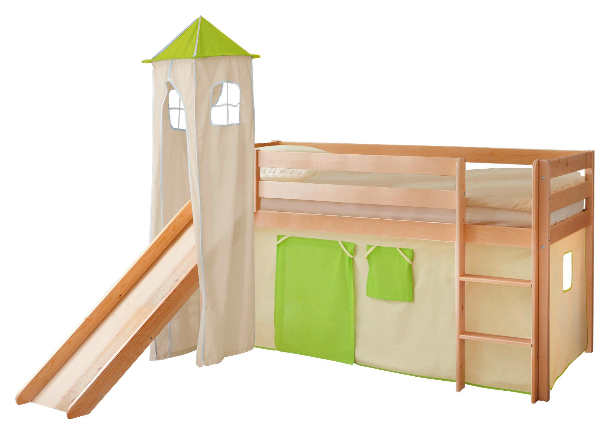 Igralna Postelja Kasper, 90x200, Zelena, Tobogan, Stolp - barve bora/zelena, Natur, les (90/200cm) - MID.YOU