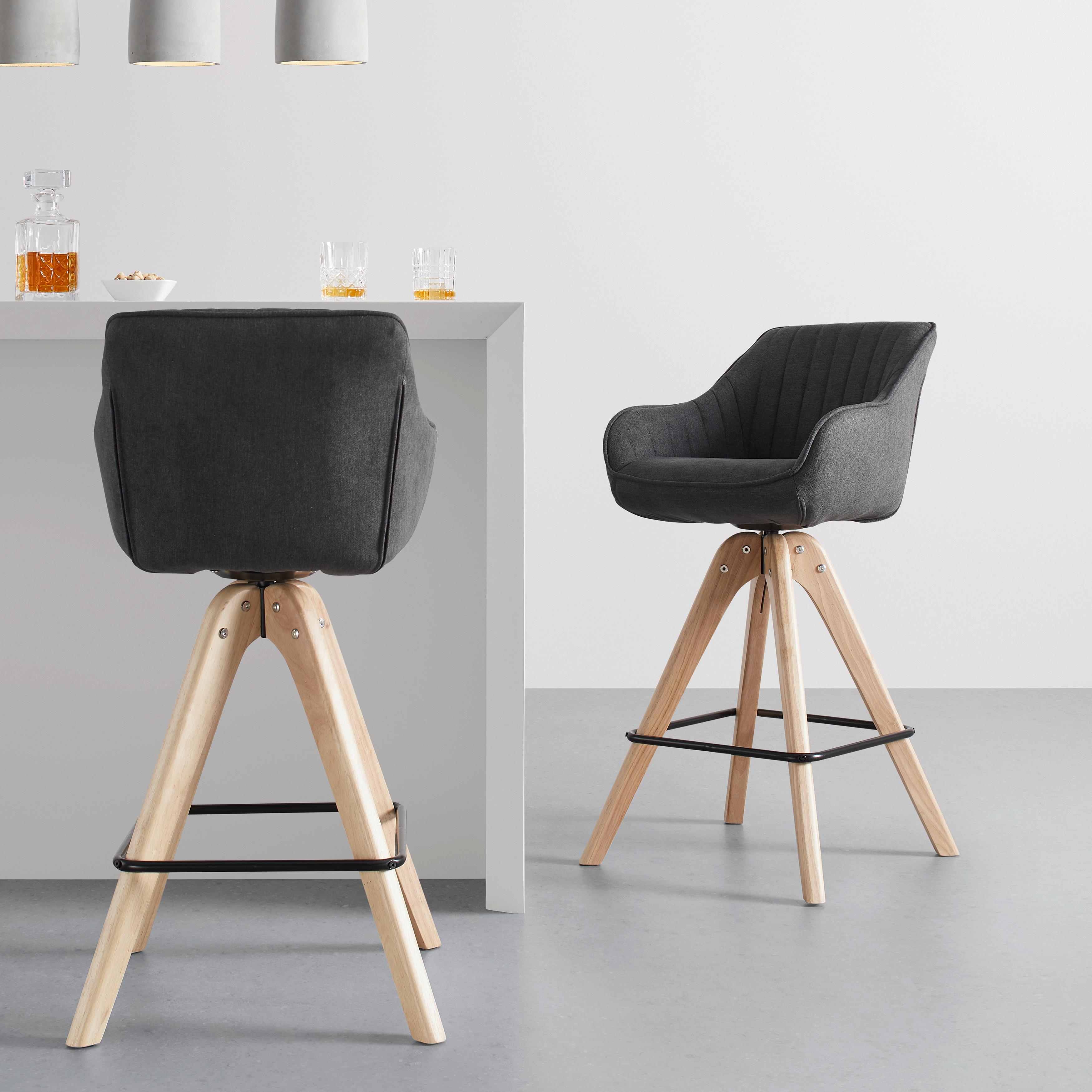 Barhocker "Leonie", Velour, drehbar, grau, Gepolstert - Dunkelgrau/Eichefarben, MODERN, Holz/Textil (55/106/56cm) - Bessagi Home