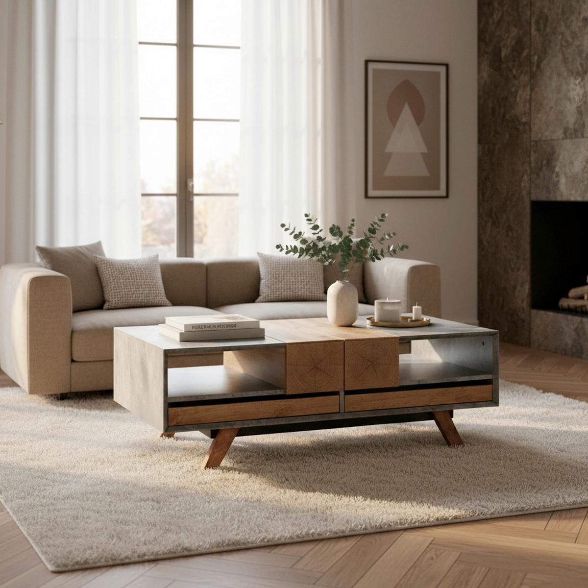 Couchtisch CASPER grau Betonoptik, eichefarben - Eichefarben/Grau, Modern, Holz (120/60/42cm) - Bessagi Home