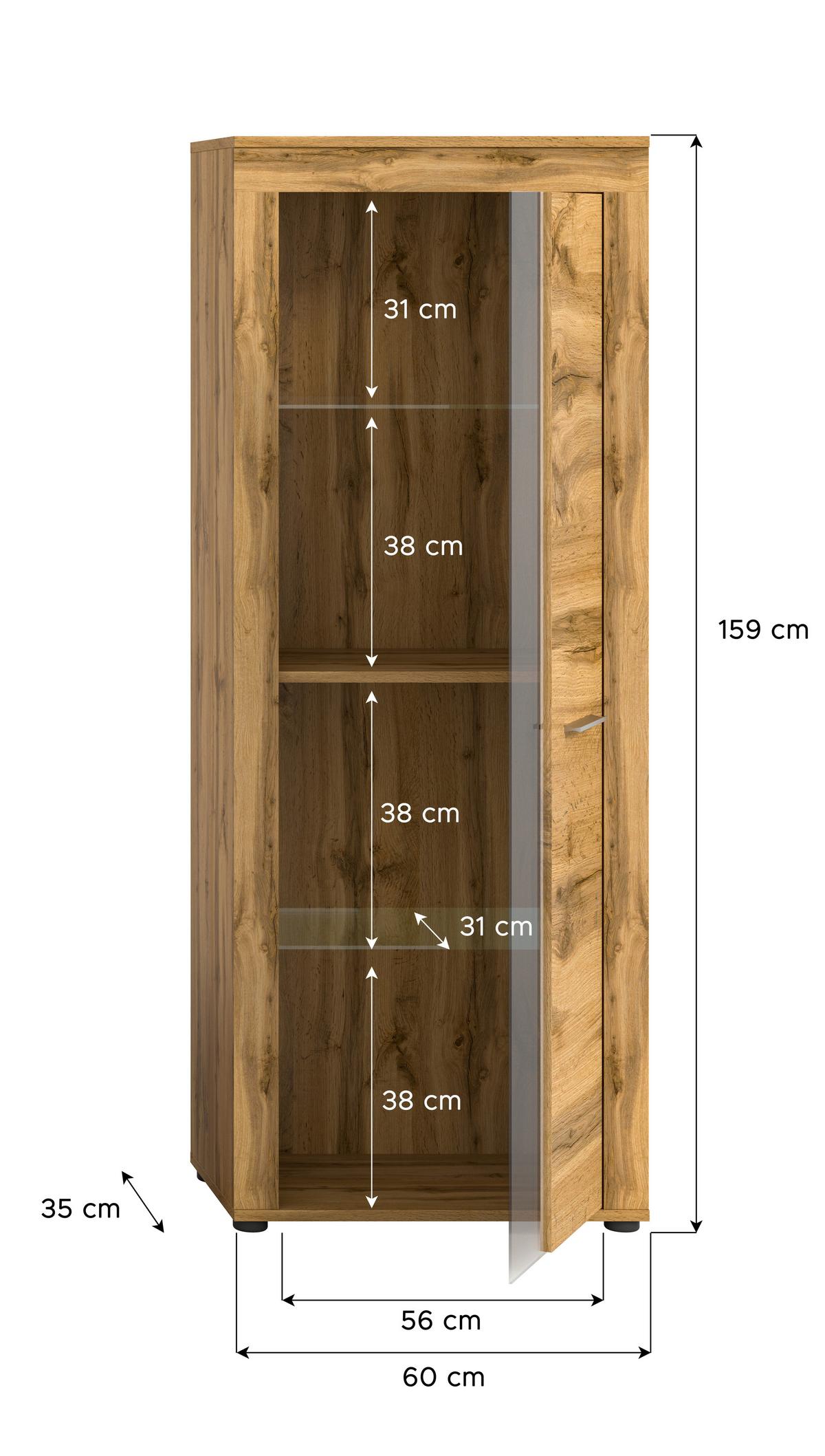 Vitrina Jam, Barva Hrasta - hrast wotan/srebrne barve, Design, umetna masa/steklo (60/159/35cm) - MID.YOU