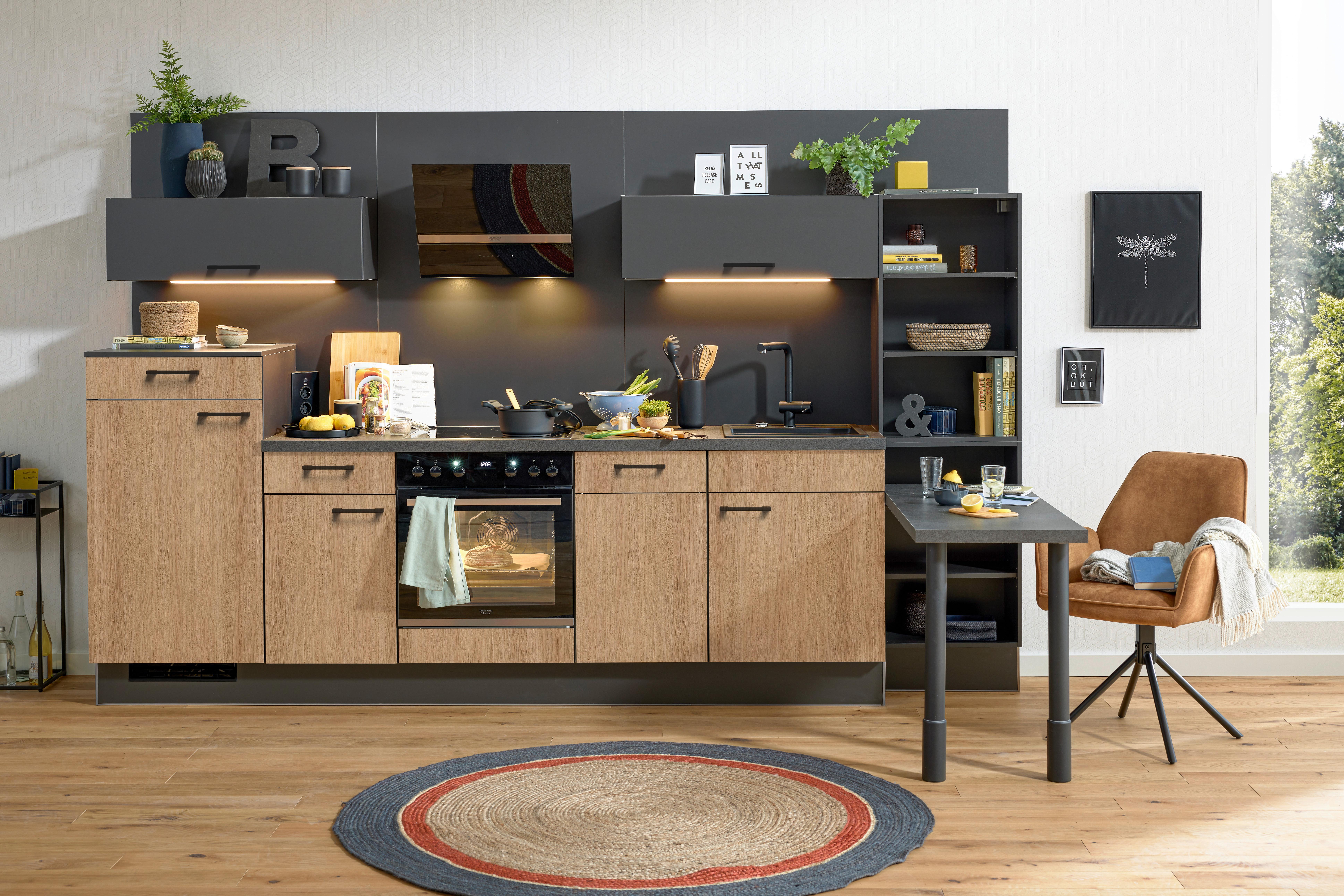 Küchenblock PN100/80 Graphitfarben/Eichefarben - Eichefarben/Lavagrau, MODERN, Holzwerkstoff/Metall (320cm) - Pino