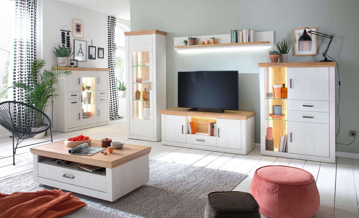 Wohnwand Madrid Eiche-/Pinienfarben - Eichefarben/Graphitfarben, Design, Glas/Holzwerkstoff (351/205/50cm) - MID.YOU