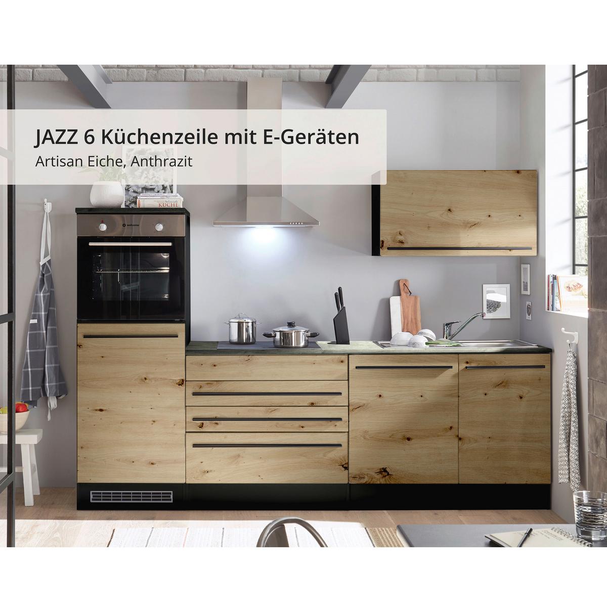 Küchenblock Jazz mit Geräten ca.260cm Eiche/Anthrazit - Anthrazit/Schwarz, KONVENTIONELL, Holzwerkstoff/Kunststoff (260cm) - P & B