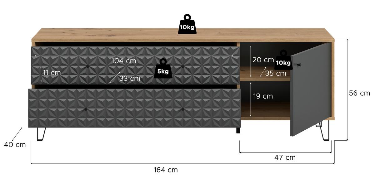 Lowboard Prisma Anthrazit/Eiche Artisan - Anthrazit/Schwarz, Design, Holzwerkstoff/Kunststoff (164/56/40cm) - Livetastic