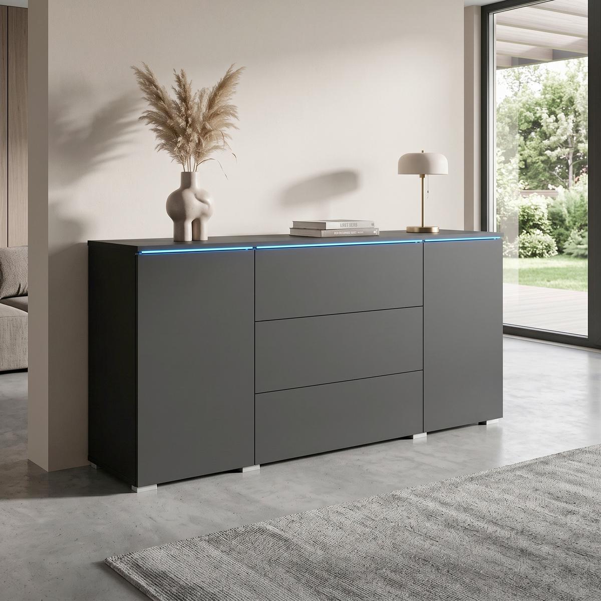 Sideboard Vera mit LED ca. 150 cm Graphitfarben - Schwarz/Graphitfarben, Basics, Holzwerkstoff/Kunststoff (150/67,9/39,5cm) - P & B