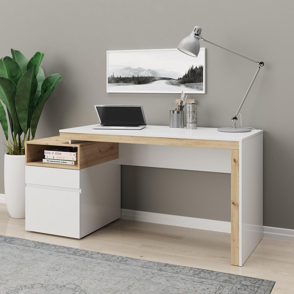 Schreibtisch "Santiago", weiß/eiche - Weiß/Eiche Artisan, MODERN, Holz/Metall (160/60/76cm) - MID.YOU