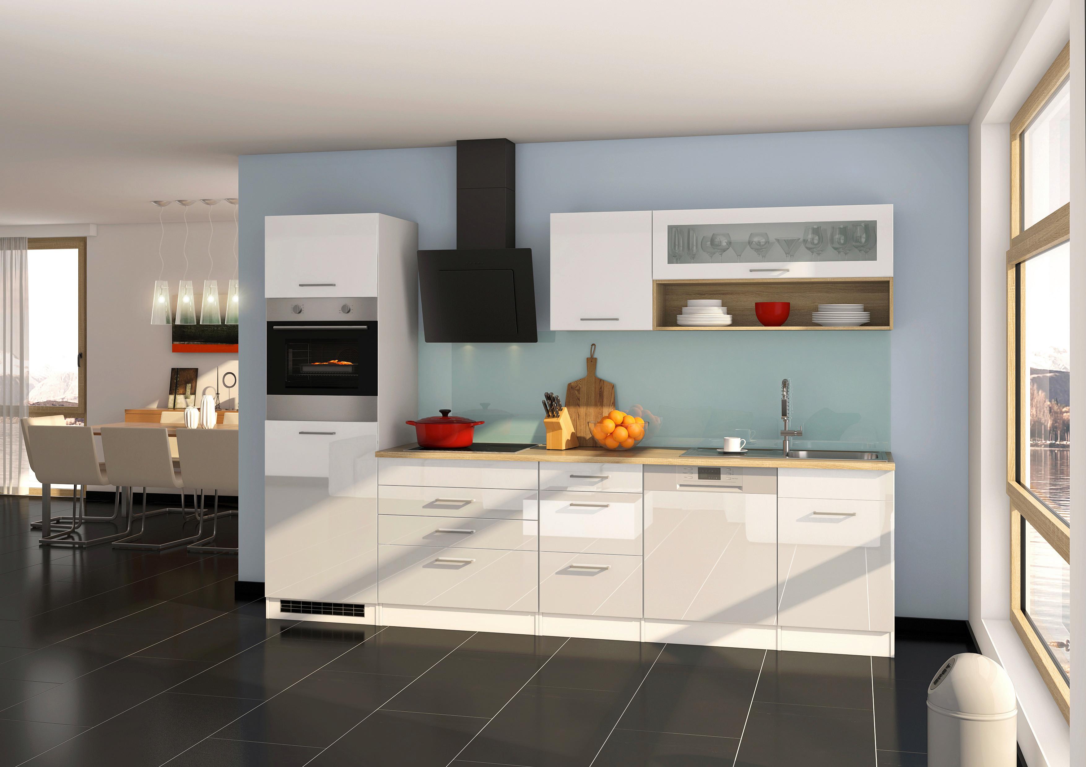 Küchenleerblock Mailand o. Geräte Weiß Hochglanz - Weiß Hochglanz/Silberfarben, MODERN, Holzwerkstoff/Metall (300cm) - Held