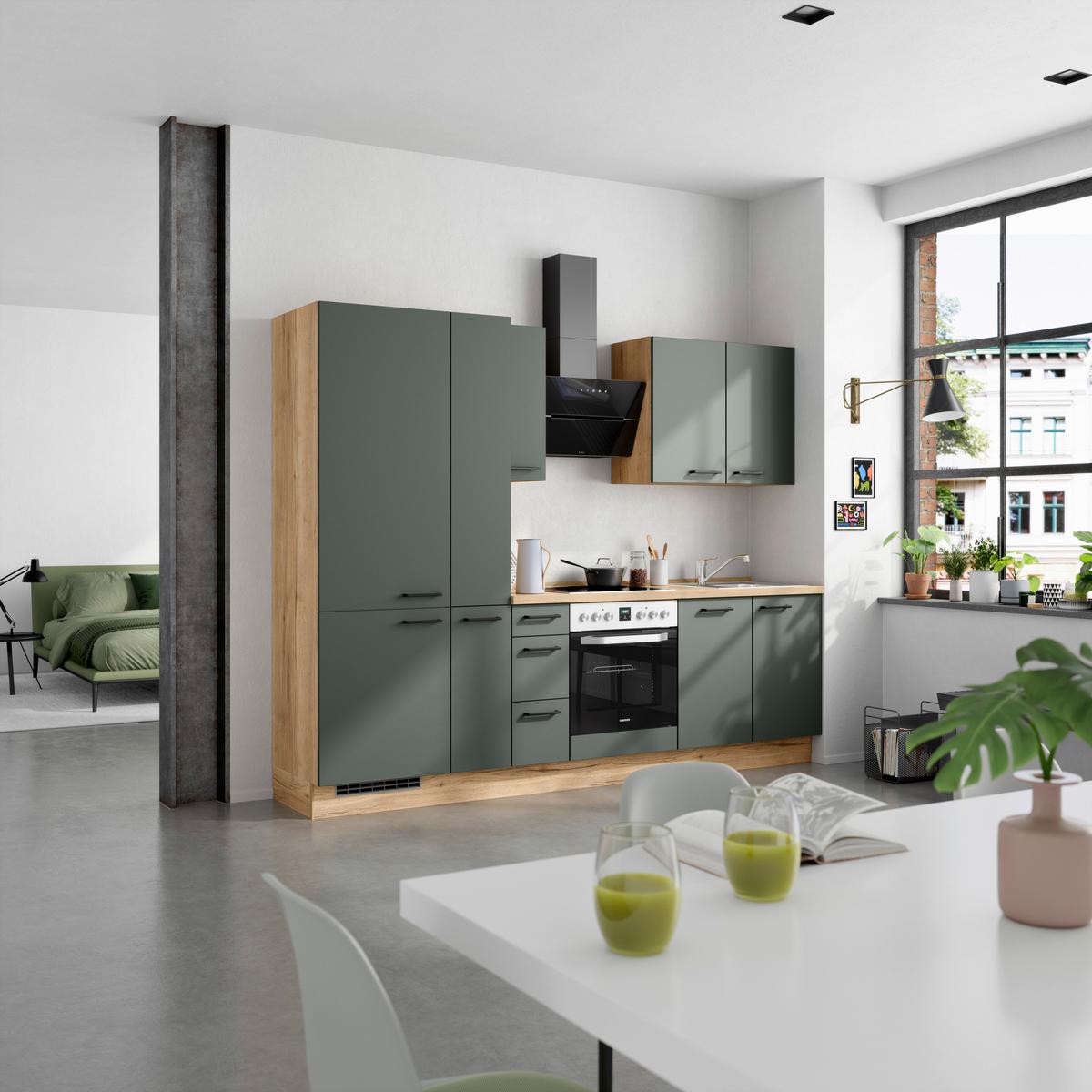 Küchenblock Easytouch High m. Geräten Dunkelgrün - Dunkelgrün/Eichefarben, MODERN, Holzwerkstoff/Metall (270cm) - Nobilia