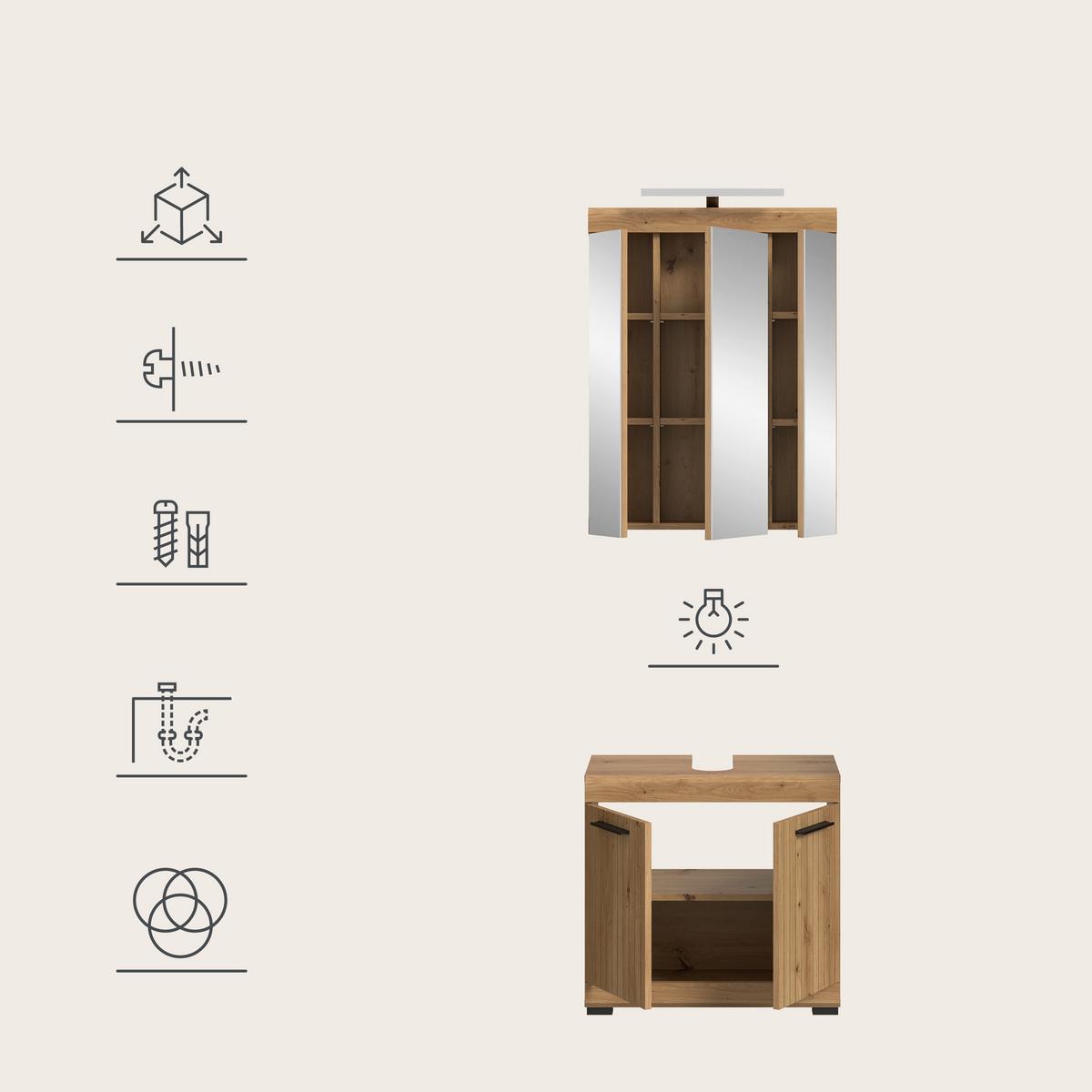 Badezimmer Scout Eiche Artisan 2-teilig - Schwarz/Eiche Artisan, Trend, Glas/Holzwerkstoff (60cm) - MID.YOU