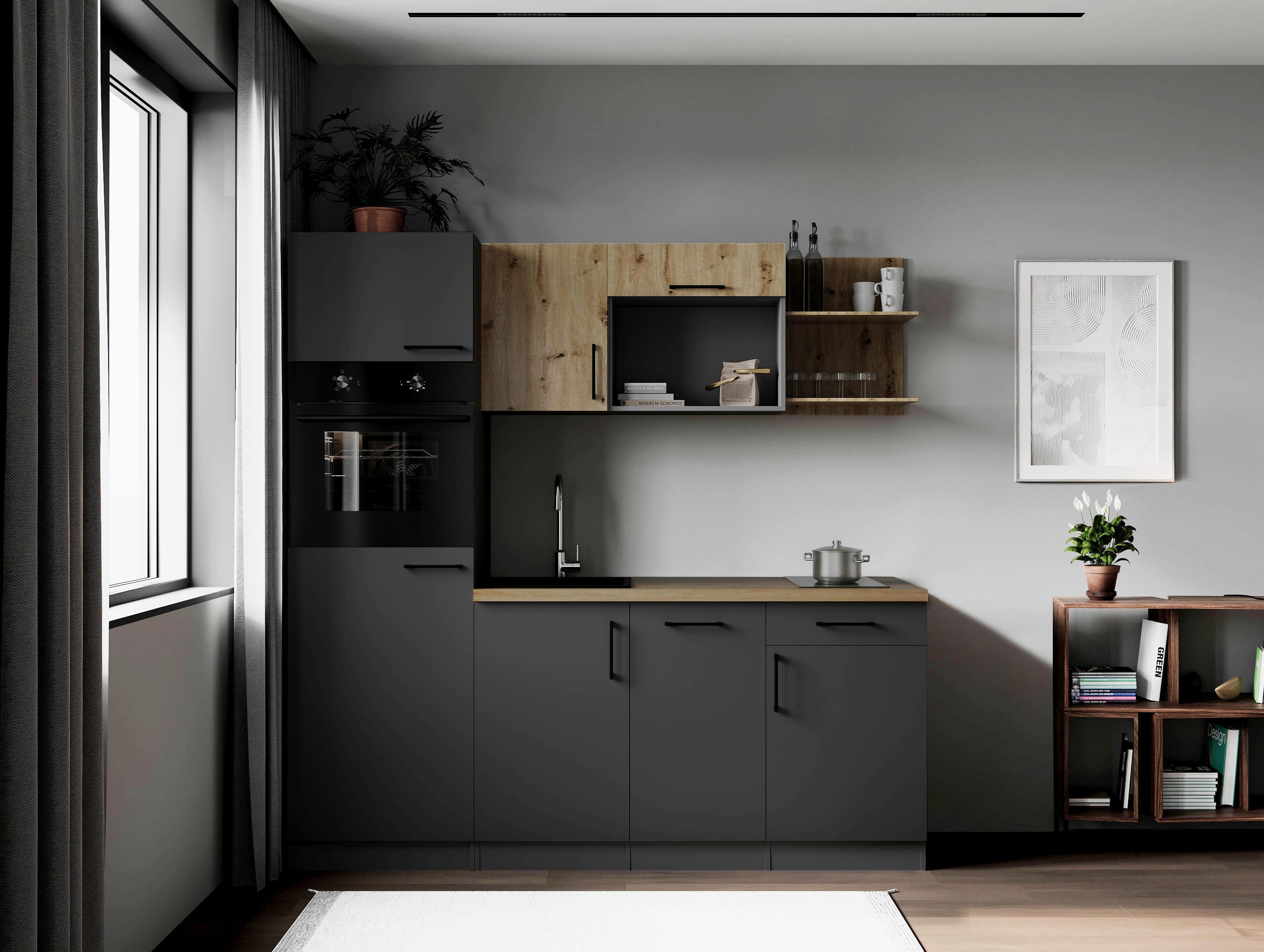 Küchenblock Oliver m. Geräten Grau - Eiche Artisan/Grau, Trend, Holzwerkstoff/Metall (205cm) - Respekta