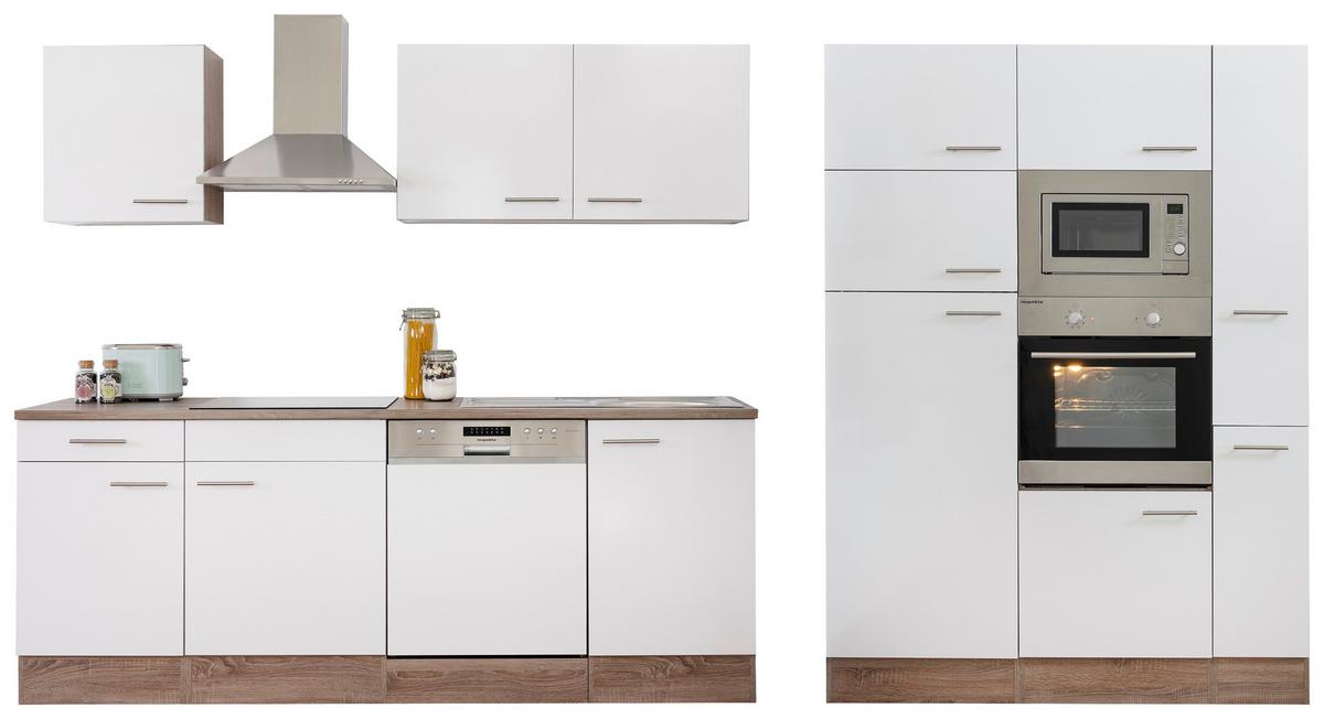 Küchenzeile Economy o. Geräte Weiß/Eiche B: ca. 370 cm - Edelstahlfarben/Eichefarben, Basics, Holzwerkstoff/Metall (370cm) - Respekta