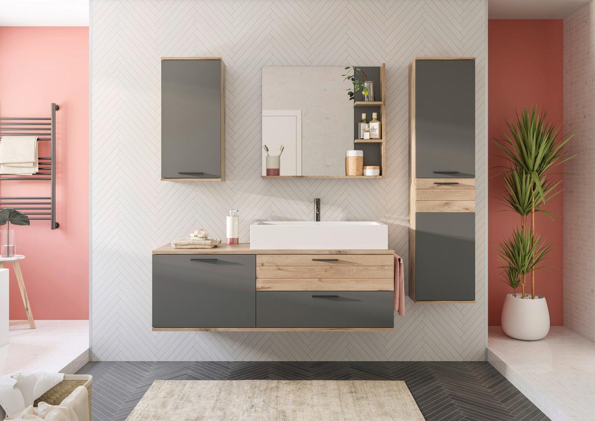 Waschbecken mit Unterschrank Mason ca. 140 cm Eiche/Grau - Eichefarben/Schwarz, MODERN, Holzwerkstoff/Kunststoff (140cm) - MID.YOU