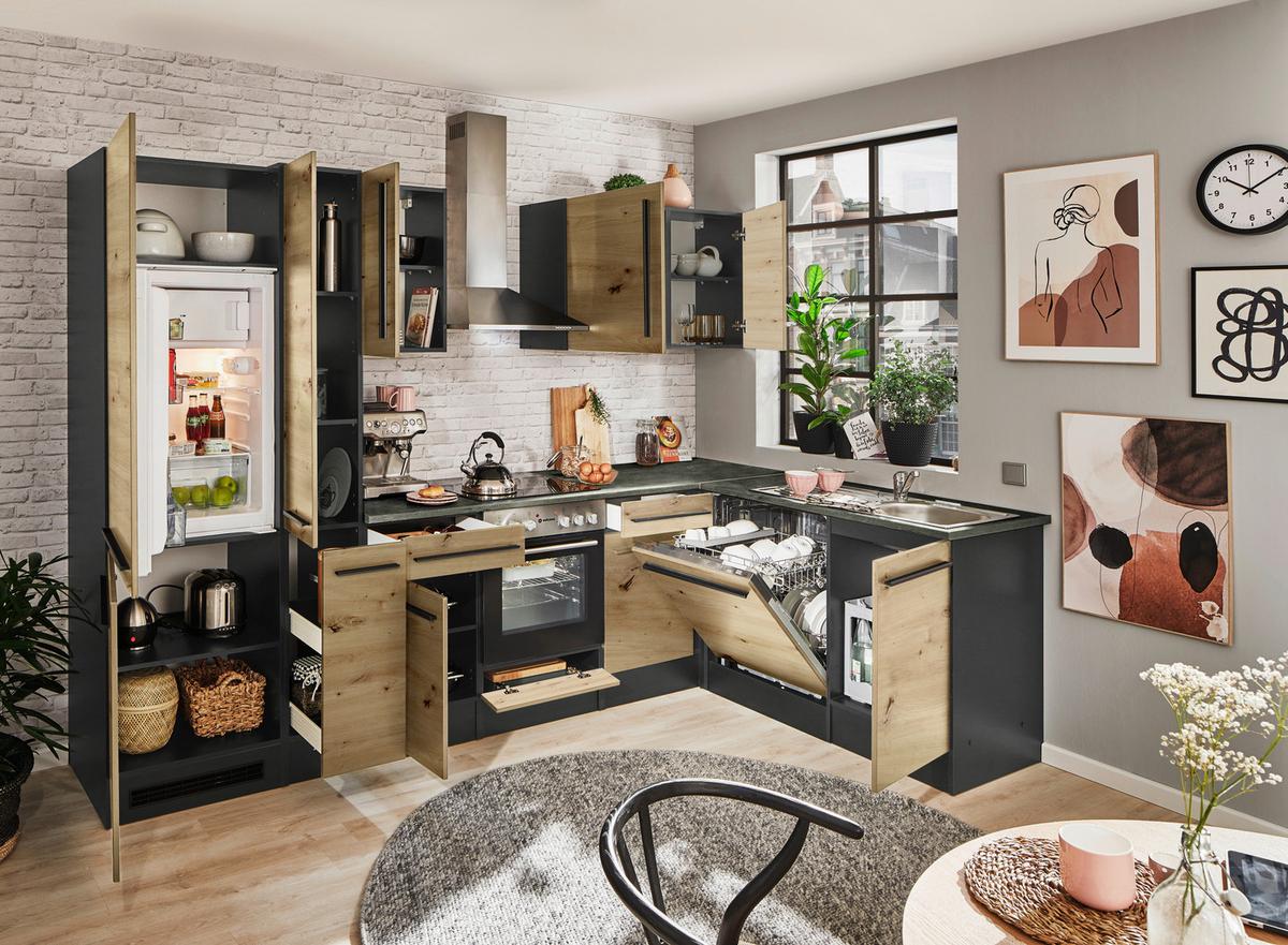 Eckküche Jazz mit Geräten ca.310x175cm Eiche/Anthrazit - Anthrazit/Schwarz, LIFESTYLE, Holzwerkstoff/Kunststoff (310/175cm) - P & B