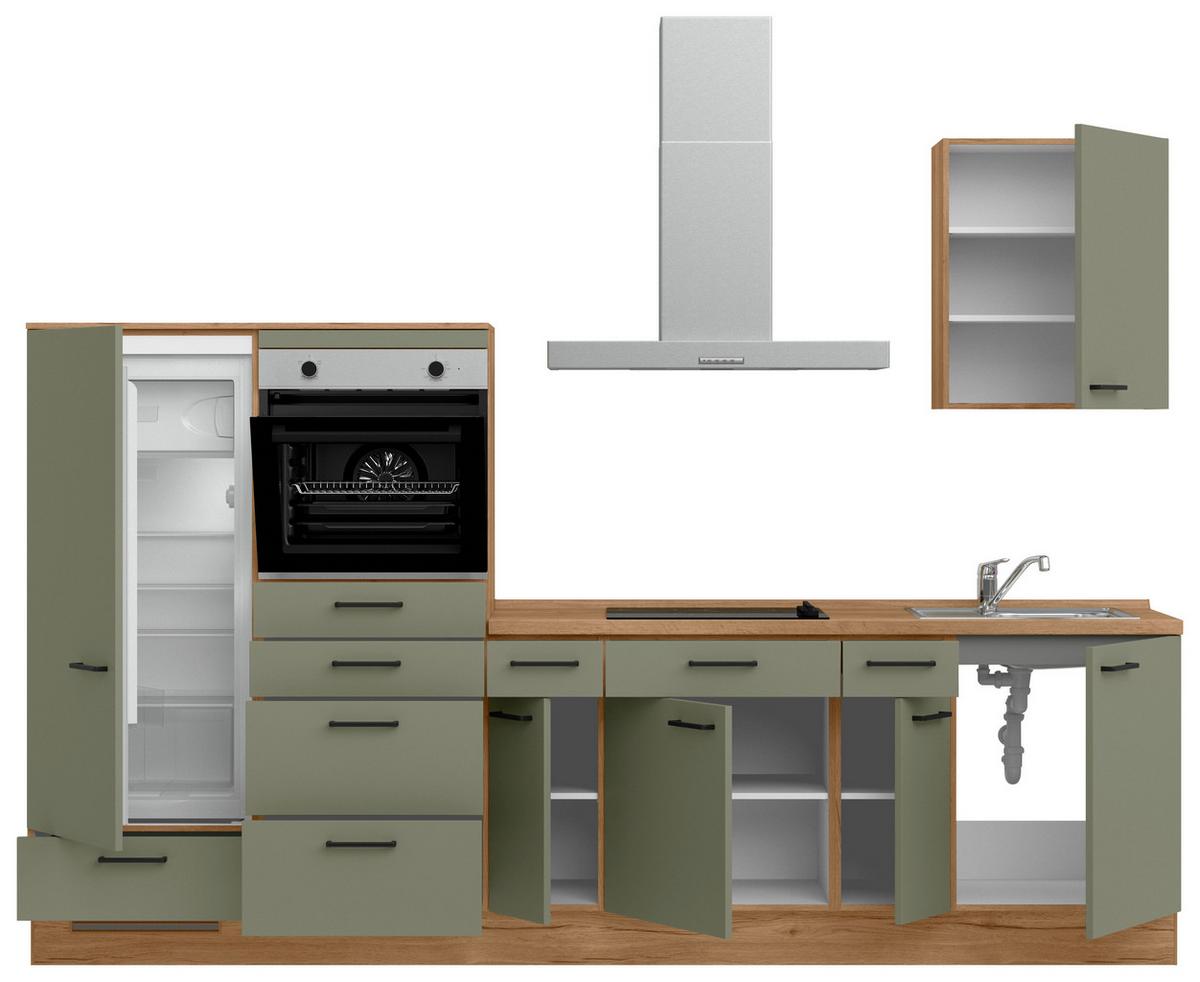 Küchenleerblock Senso Low o. Geräte Olivgrün - Eichefarben/Schwarz, MODERN, Holzwerkstoff/Metall (300cm) - Nobilia