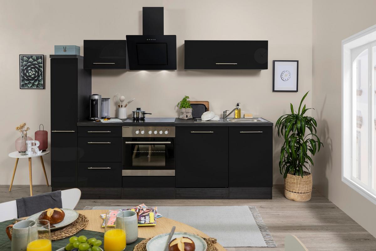 Küchenzeile Schwarz Hochglanz/ Grau mit Geräte B: 250 cm - Schwarz/Alufarben, Basics, Holzwerkstoff (250cm) - Respekta