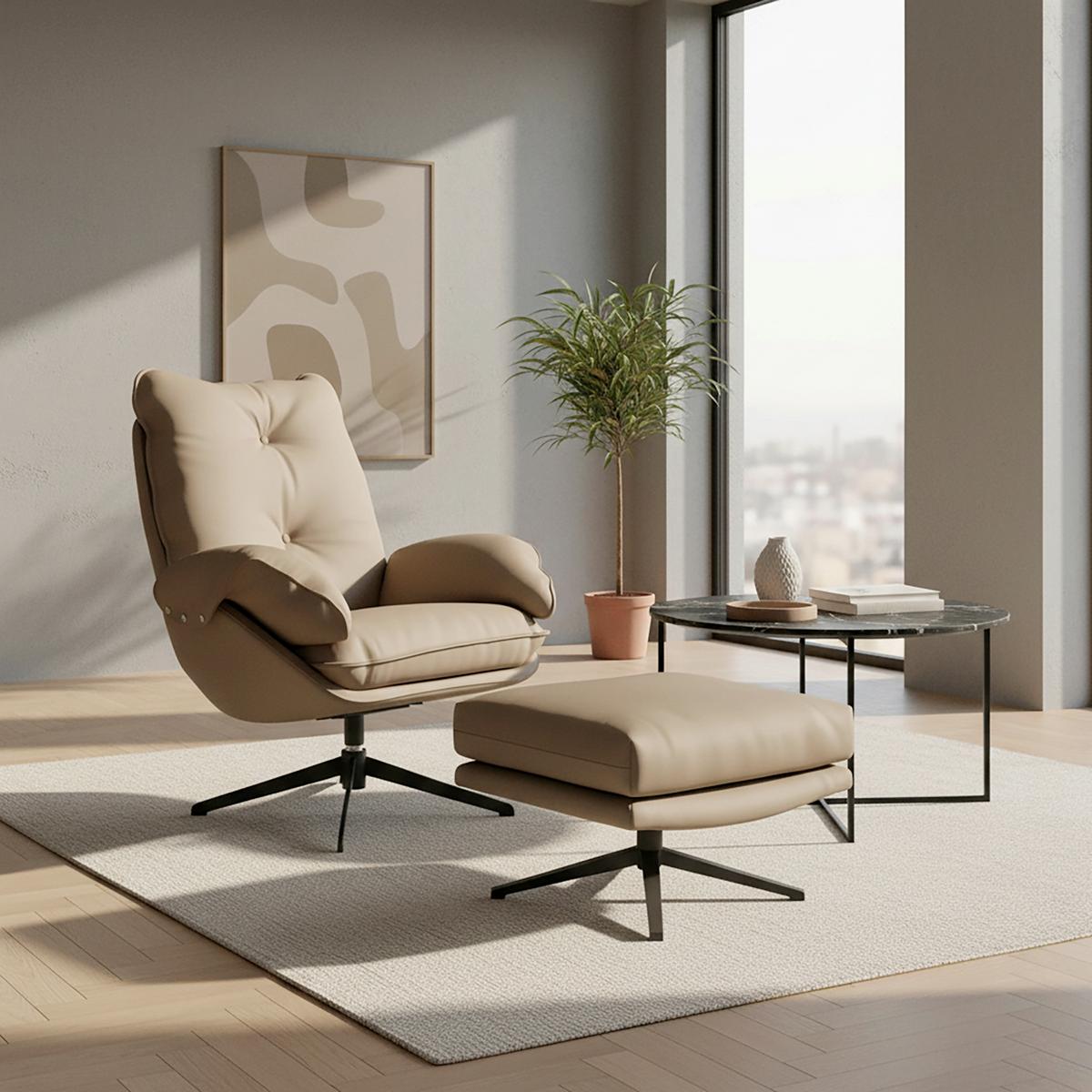 Sessel Andrea Lederlook Braun Drehbar - Hellbraun/Schwarz, MODERN, Holz/Textil (82/105/100cm) - Bessagi Home