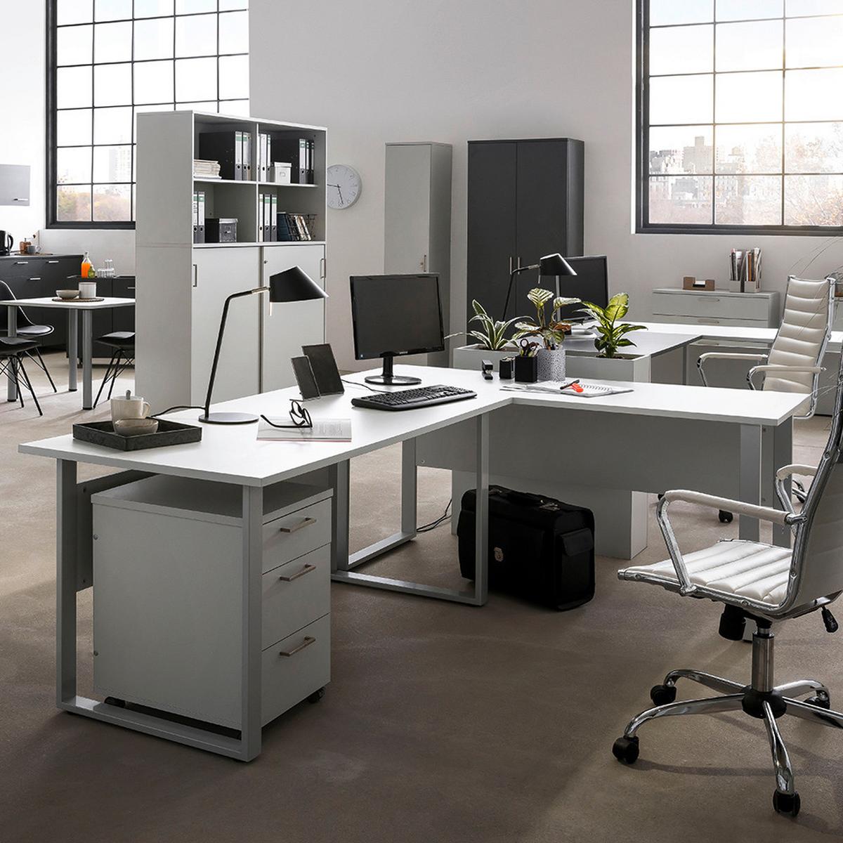 Schreibtisch 1600 Hellgrau ca. 160x235x73,2cm - Silberfarben/Hellgrau, MODERN, Holzwerkstoff/Metall (160/235/73,2cm) - MID.YOU